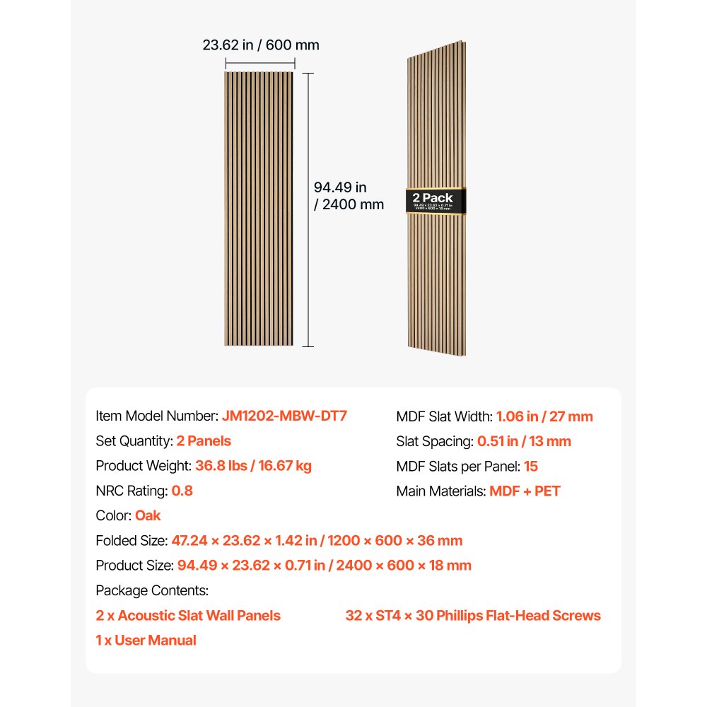 VEVOR Wood Wall Panels, 2400 x 600 mm, Acoustic Slat Panels, Oak Finish, Sound Absorbing for Living Rooms, Bedrooms, Offices, Studios, Interior Wall Decor, MDF & PET Construction, Screw Kit, 2-Pack