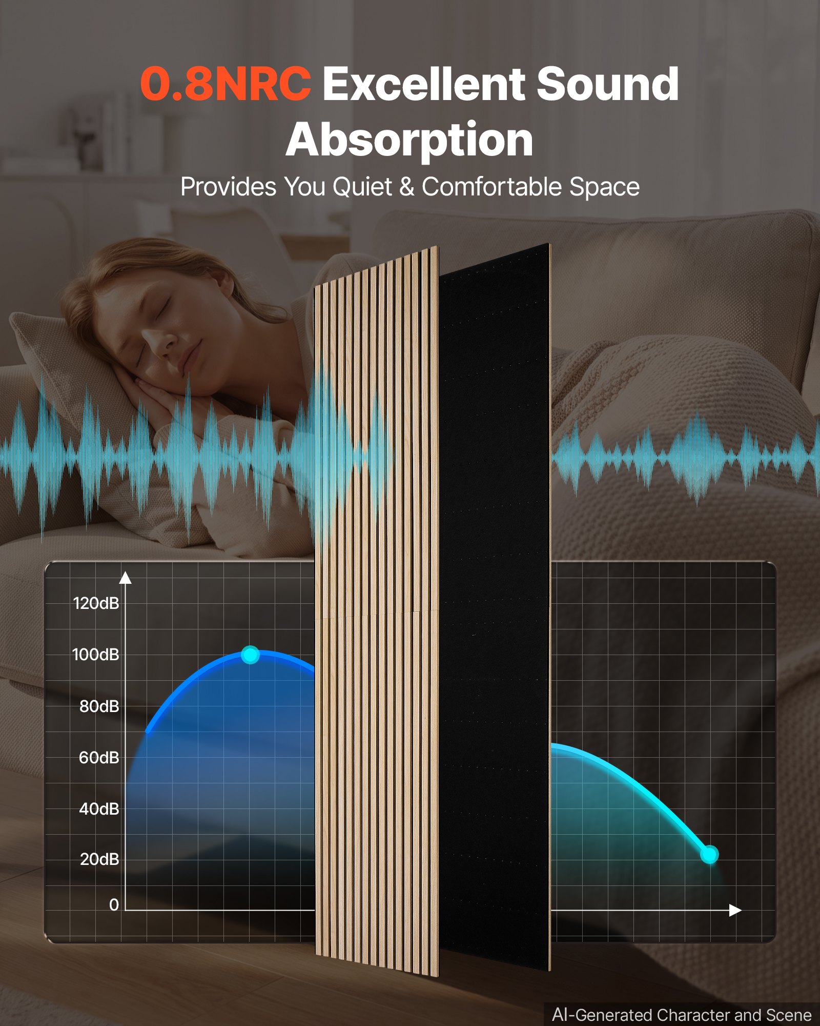 VEVOR Wood Wall Panels, 2400 x 600 mm, Acoustic Slat Panels, Oak Finish, Sound Absorbing for Living Rooms, Bedrooms, Offices, Studios, Interior Wall Decor, MDF & PET Construction, Screw Kit, 2-Pack