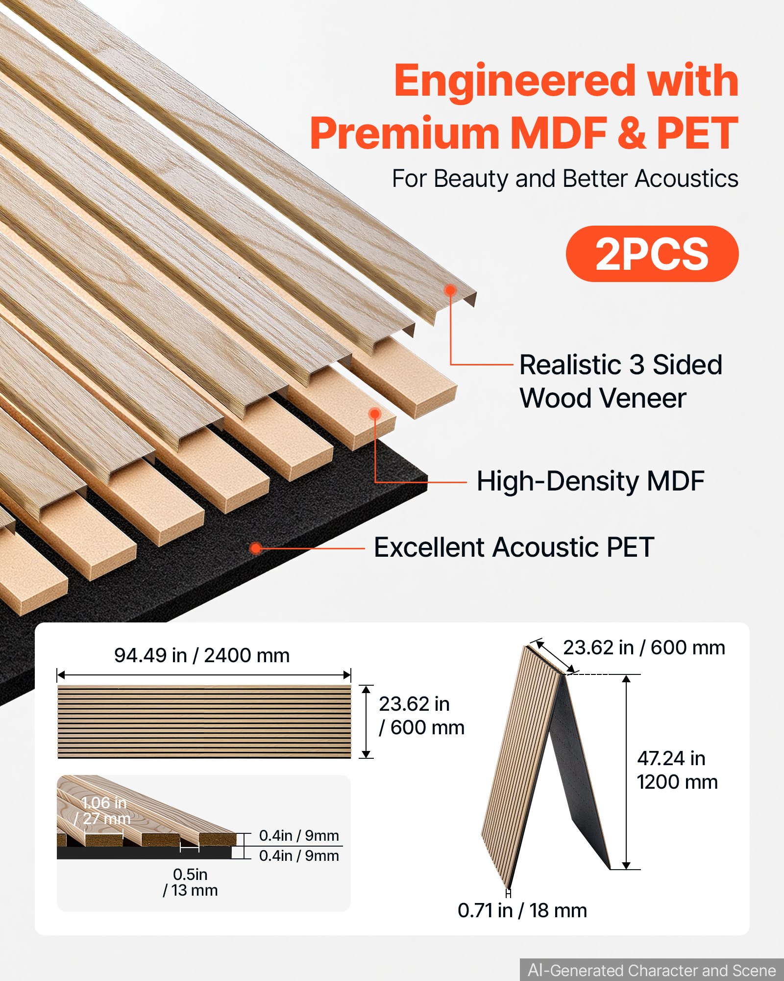 VEVOR Wood Wall Panels, 2400 x 600 mm, Acoustic Slat Panels, Oak Finish, Sound Absorbing for Living Rooms, Bedrooms, Offices, Studios, Interior Wall Decor, MDF & PET Construction, Screw Kit, 2-Pack
