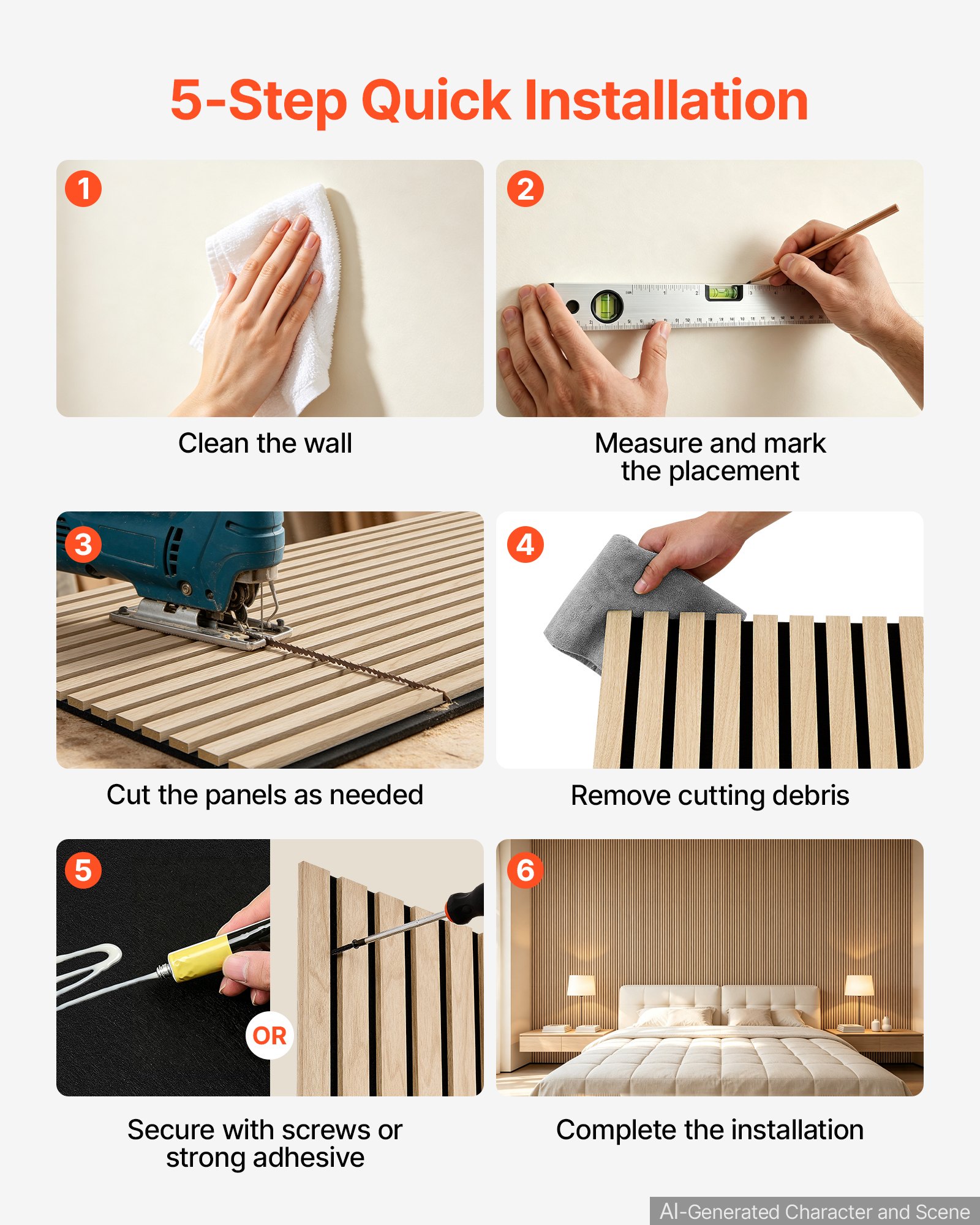 VEVOR Wood Wall Panels, 2400 x 600 mm, Acoustic Slat Panels, Oak Finish, Sound Absorbing for Living Rooms, Bedrooms, Offices, Studios, Interior Wall Decor, MDF & PET Construction, Screw Kit, 2-Pack