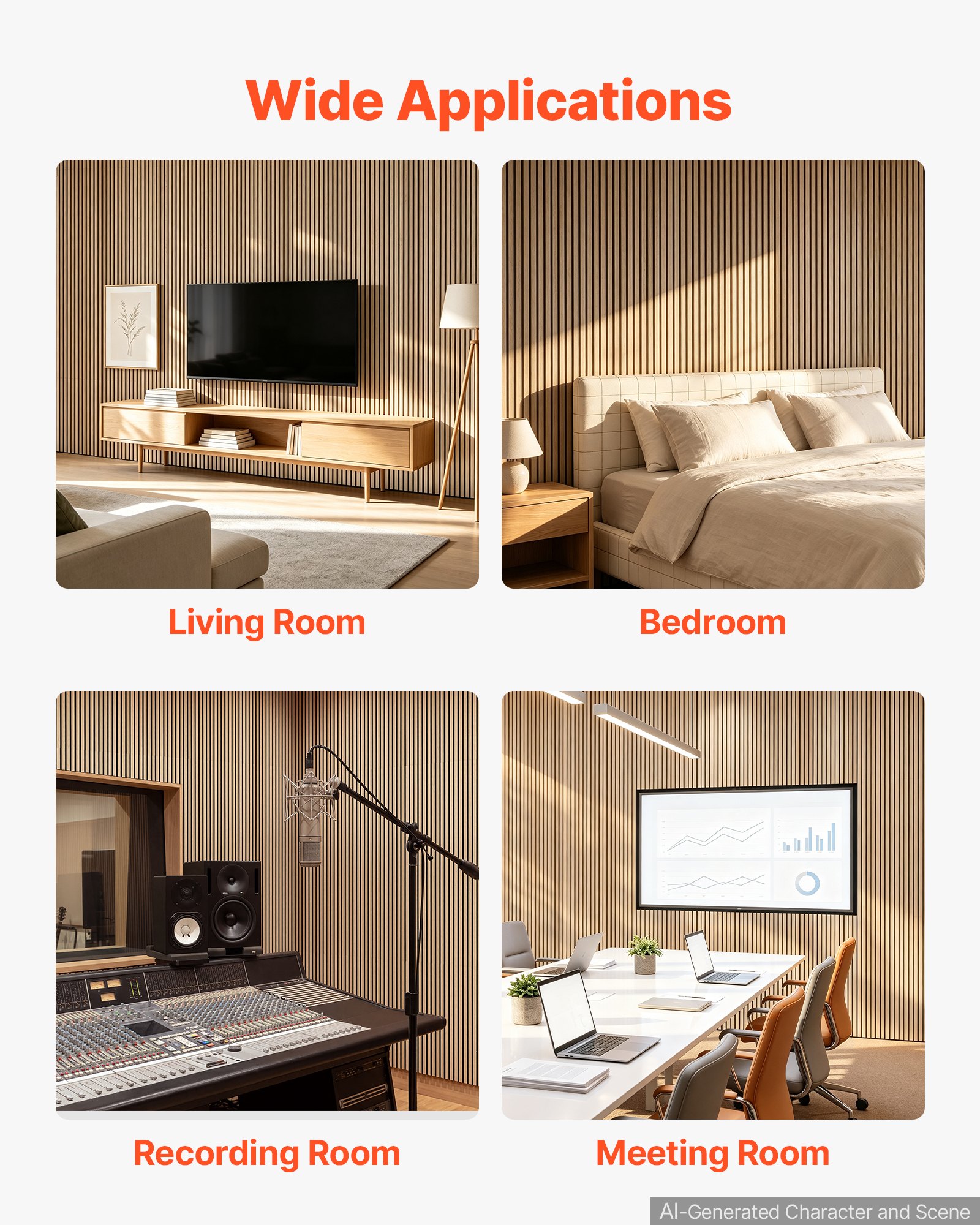 VEVOR Wood Wall Panels, 2400 x 600 mm, Acoustic Slat Panels, Oak Finish, Sound Absorbing for Living Rooms, Bedrooms, Offices, Studios, Interior Wall Decor, MDF & PET Construction, Screw Kit, 2-Pack