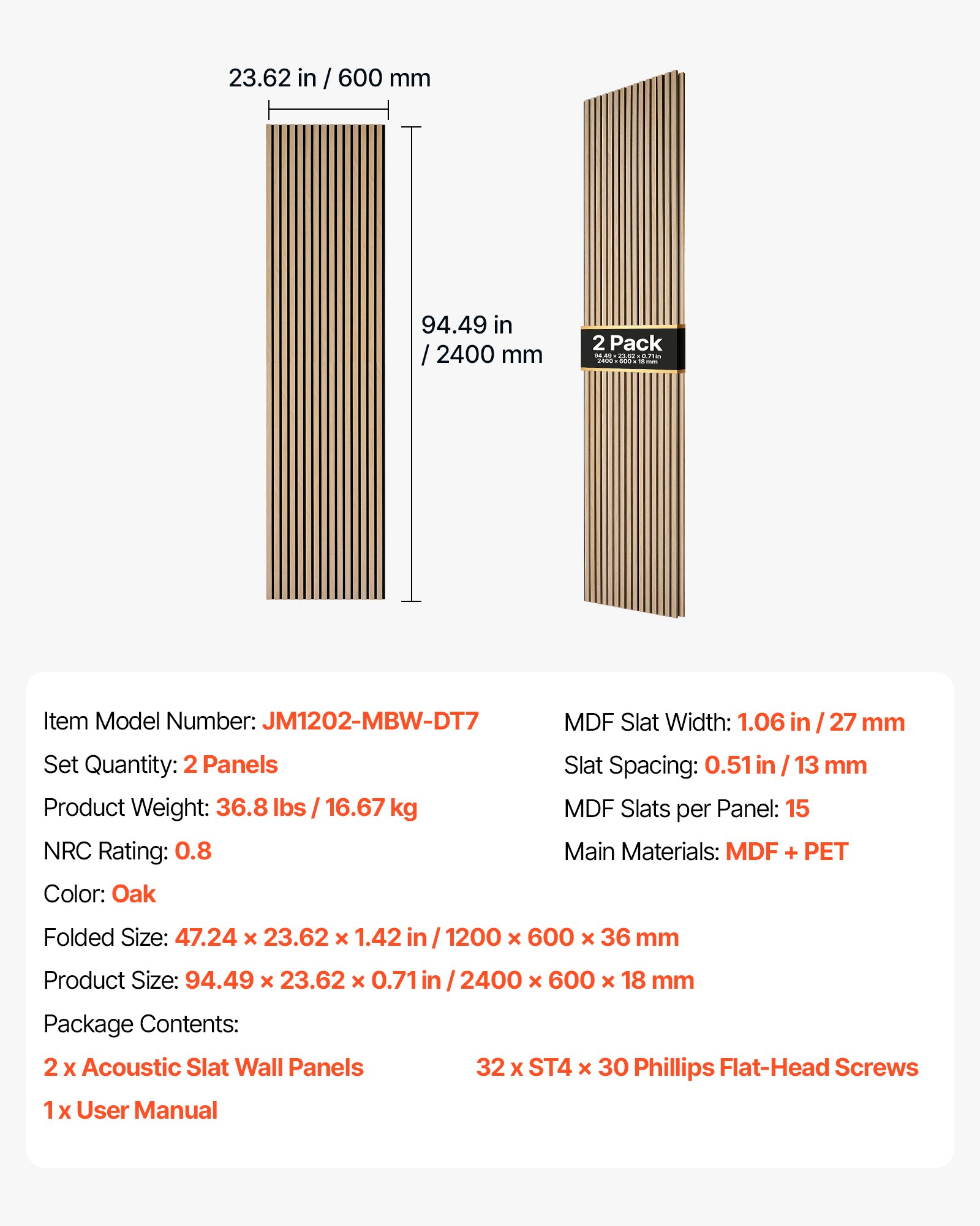VEVOR Wood Wall Panels, 2400 x 600 mm, Acoustic Slat Panels, Oak Finish, Sound Absorbing for Living Rooms, Bedrooms, Offices, Studios, Interior Wall Decor, MDF & PET Construction, Screw Kit, 2-Pack