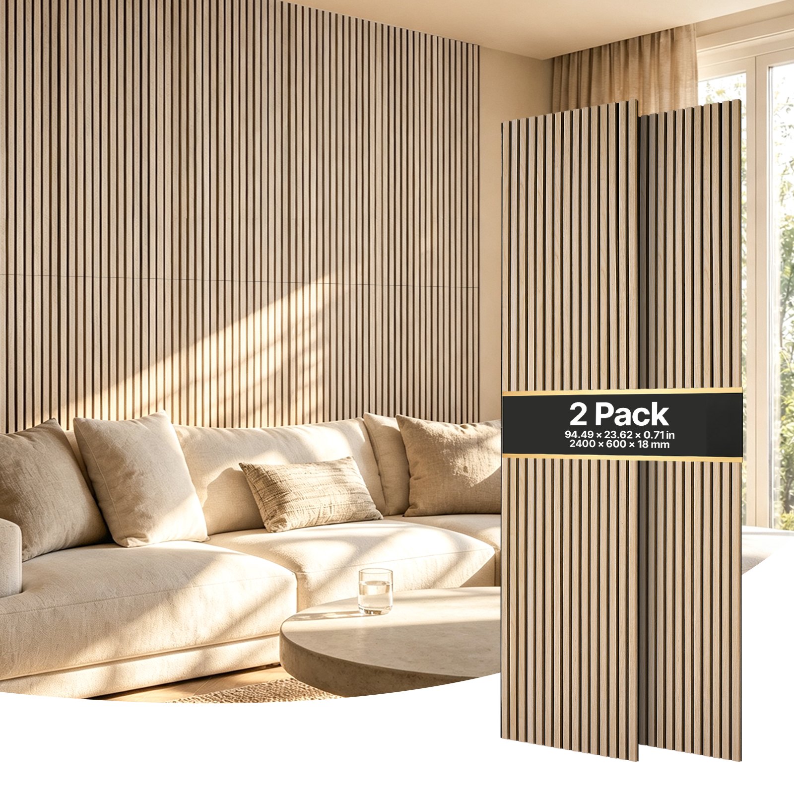 VEVOR Wood Wall Panels, 2400 x 600 mm, Acoustic Slat Panels, Oak Finish, Sound Absorbing for Living Rooms, Bedrooms, Offices, Studios, Interior Wall Decor, MDF & PET Construction, Screw Kit, 2-Pack
