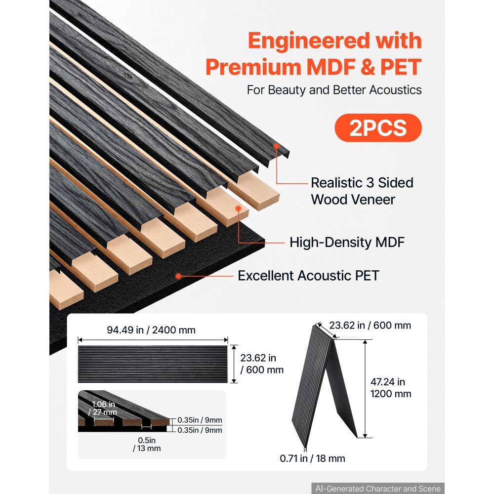 VEVOR Wood Wall Panels, 2400 x 600 mm, Acoustic Slat Panels, Black Oak, Sound Absorbing for Living Rooms, Bedrooms, Offices, Studios, Interior Wall Decor, MDF & PET Construction, Screw Kit, 2-Pack