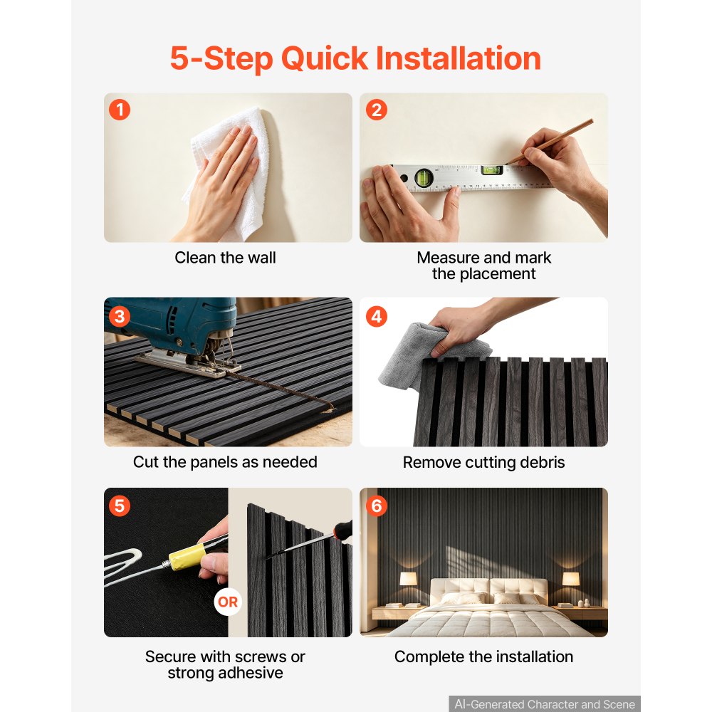 VEVOR Wood Wall Panels, 2400 x 600 mm, Acoustic Slat Panels, Black Oak, Sound Absorbing for Living Rooms, Bedrooms, Offices, Studios, Interior Wall Decor, MDF & PET Construction, Screw Kit, 2-Pack