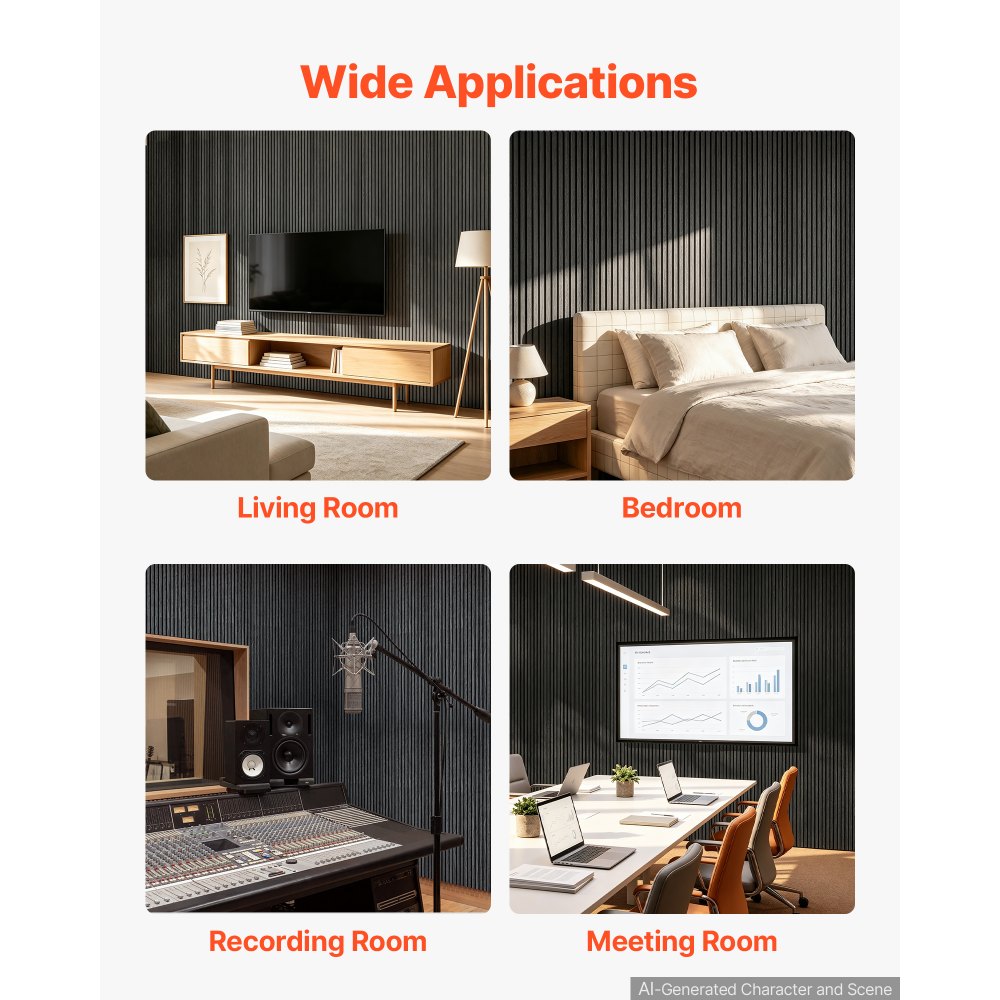 VEVOR Wood Wall Panels, 2400 x 600 mm, Acoustic Slat Panels, Black Oak, Sound Absorbing for Living Rooms, Bedrooms, Offices, Studios, Interior Wall Decor, MDF & PET Construction, Screw Kit, 2-Pack