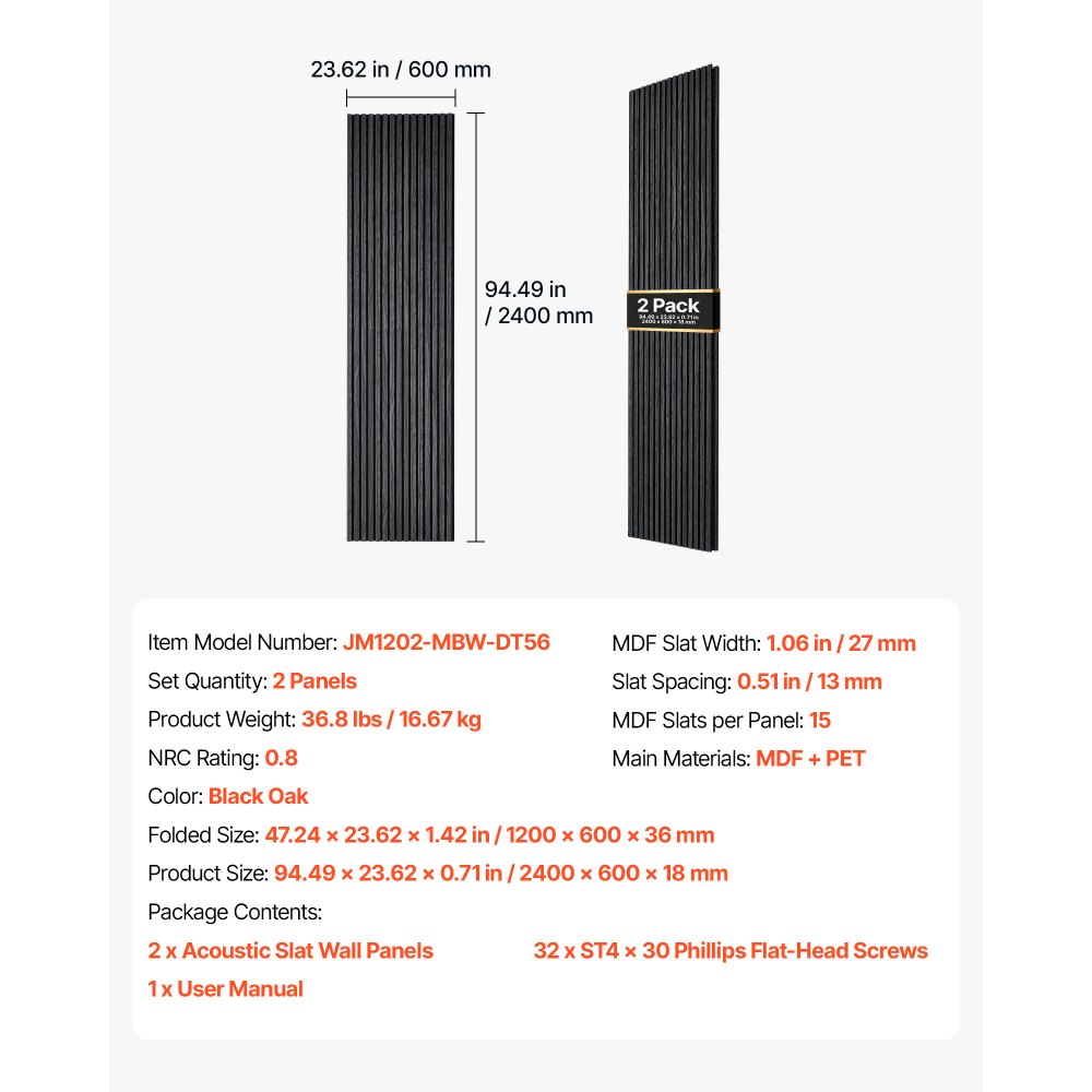 VEVOR Wood Wall Panels, 2400 x 600 mm, Acoustic Slat Panels, Black Oak, Sound Absorbing for Living Rooms, Bedrooms, Offices, Studios, Interior Wall Decor, MDF & PET Construction, Screw Kit, 2-Pack