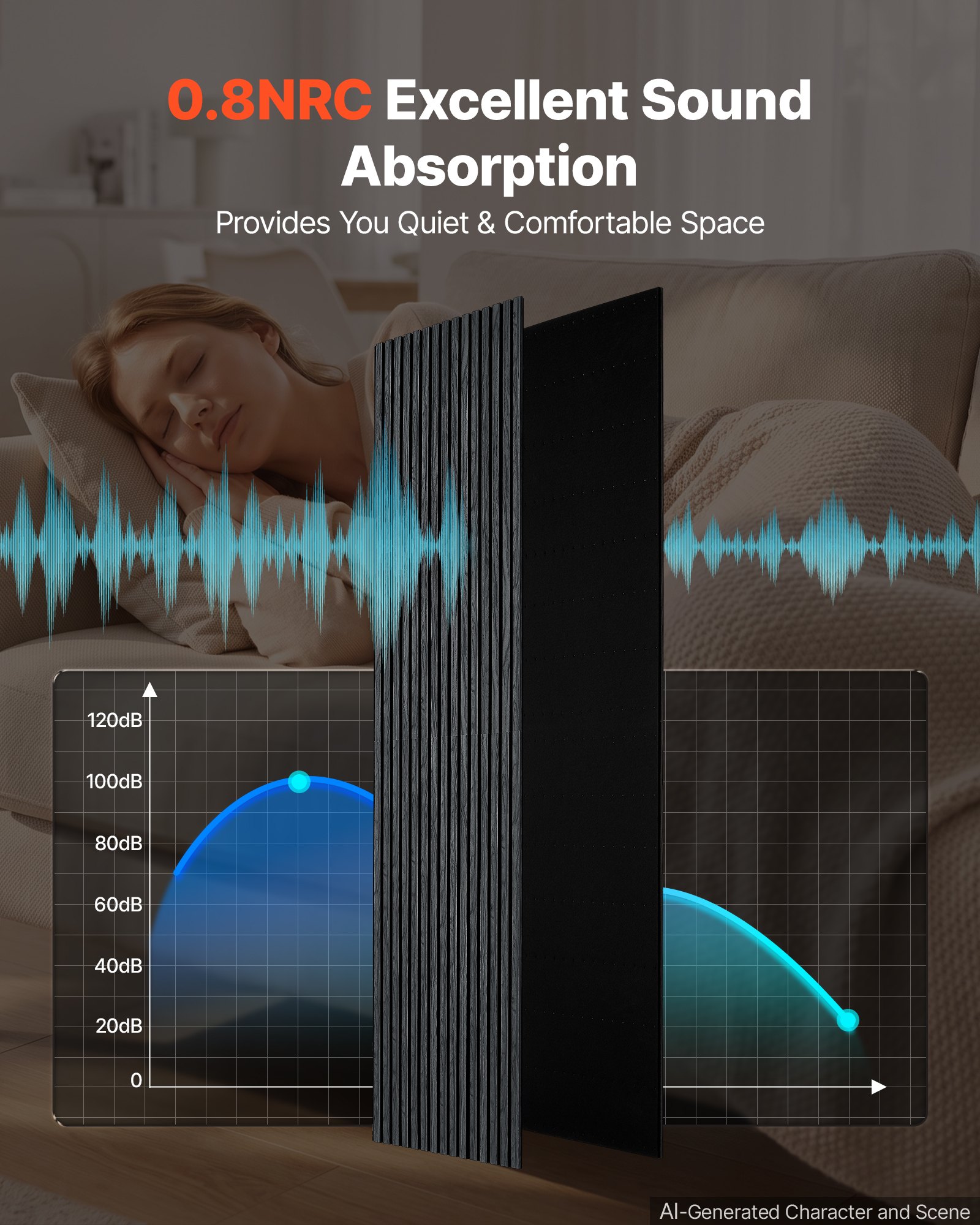 VEVOR Wood Wall Panels, 2400 x 600 mm, Acoustic Slat Panels, Black Oak, Sound Absorbing for Living Rooms, Bedrooms, Offices, Studios, Interior Wall Decor, MDF & PET Construction, Screw Kit, 2-Pack