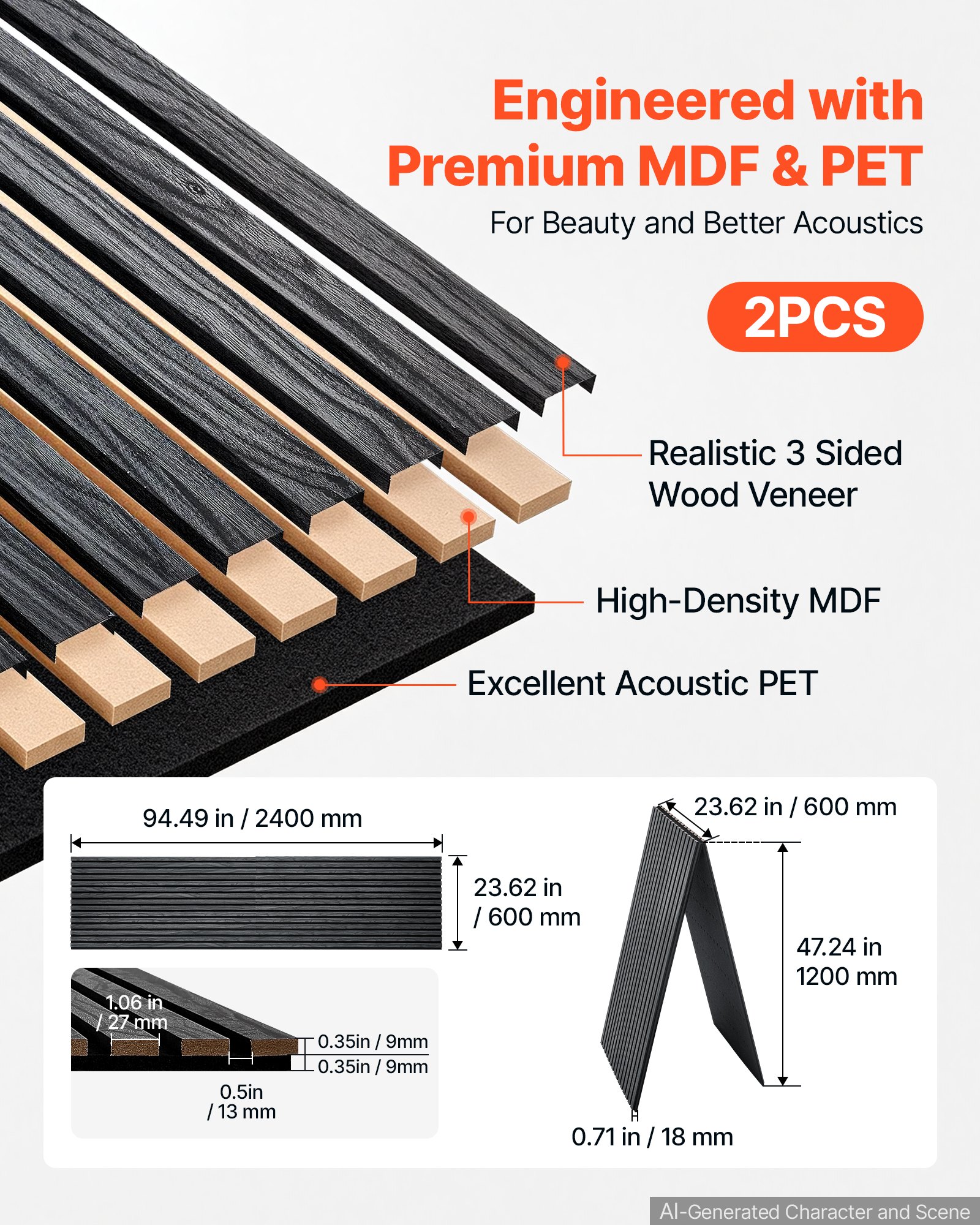 VEVOR Wood Wall Panels, 2400 x 600 mm, Acoustic Slat Panels, Black Oak, Sound Absorbing for Living Rooms, Bedrooms, Offices, Studios, Interior Wall Decor, MDF & PET Construction, Screw Kit, 2-Pack