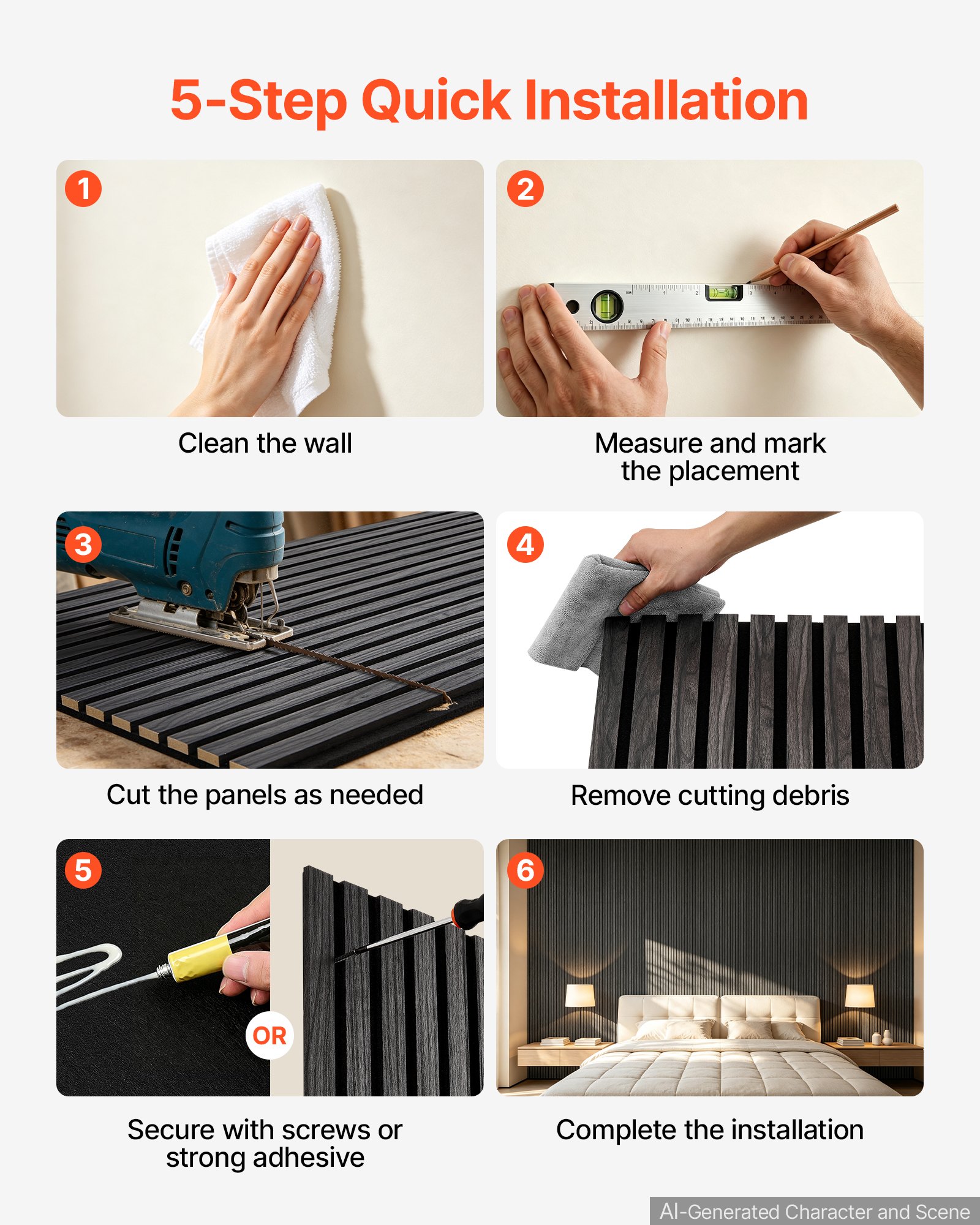 VEVOR Wood Wall Panels, 2400 x 600 mm, Acoustic Slat Panels, Black Oak, Sound Absorbing for Living Rooms, Bedrooms, Offices, Studios, Interior Wall Decor, MDF & PET Construction, Screw Kit, 2-Pack
