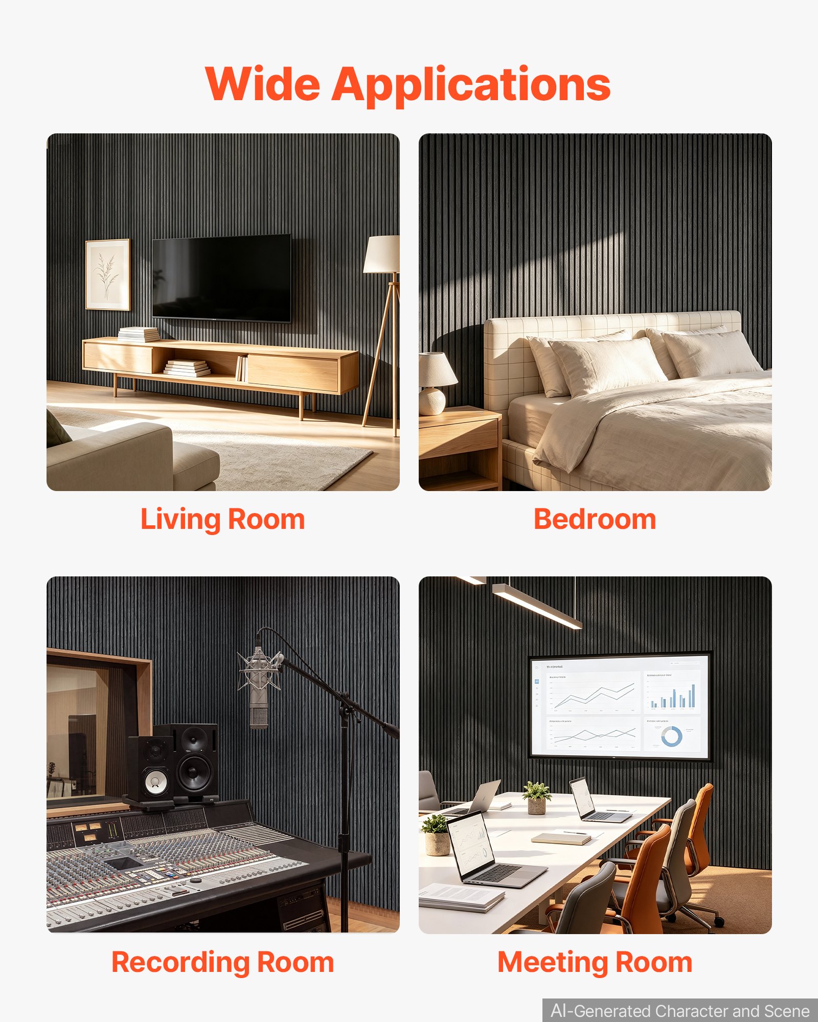 VEVOR Wood Wall Panels, 2400 x 600 mm, Acoustic Slat Panels, Black Oak, Sound Absorbing for Living Rooms, Bedrooms, Offices, Studios, Interior Wall Decor, MDF & PET Construction, Screw Kit, 2-Pack