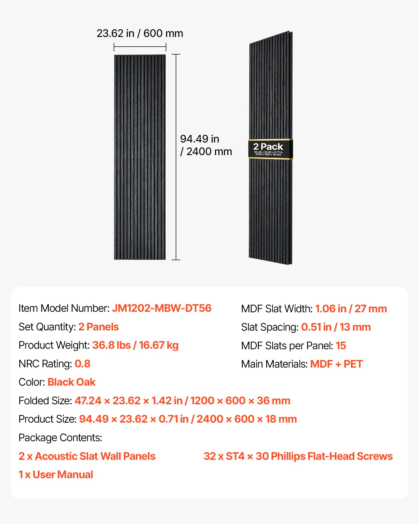 VEVOR Wood Wall Panels, 2400 x 600 mm, Acoustic Slat Panels, Black Oak, Sound Absorbing for Living Rooms, Bedrooms, Offices, Studios, Interior Wall Decor, MDF & PET Construction, Screw Kit, 2-Pack