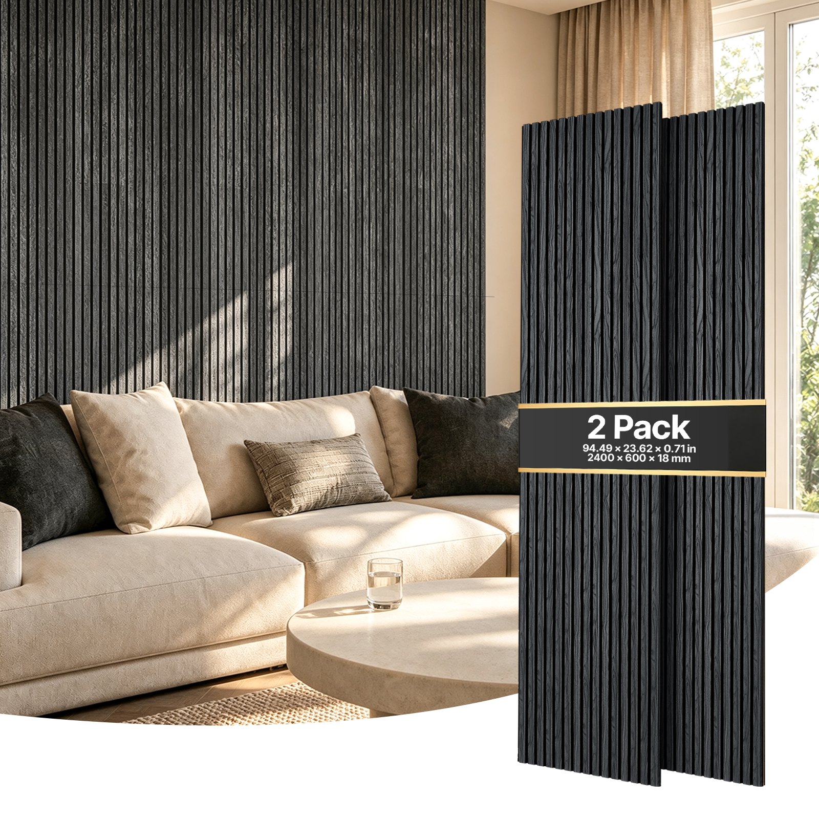 VEVOR Wood Wall Panels, 2400 x 600 mm, Acoustic Slat Panels, Black Oak, Sound Absorbing for Living Rooms, Bedrooms, Offices, Studios, Interior Wall Decor, MDF & PET Construction, Screw Kit, 2-Pack