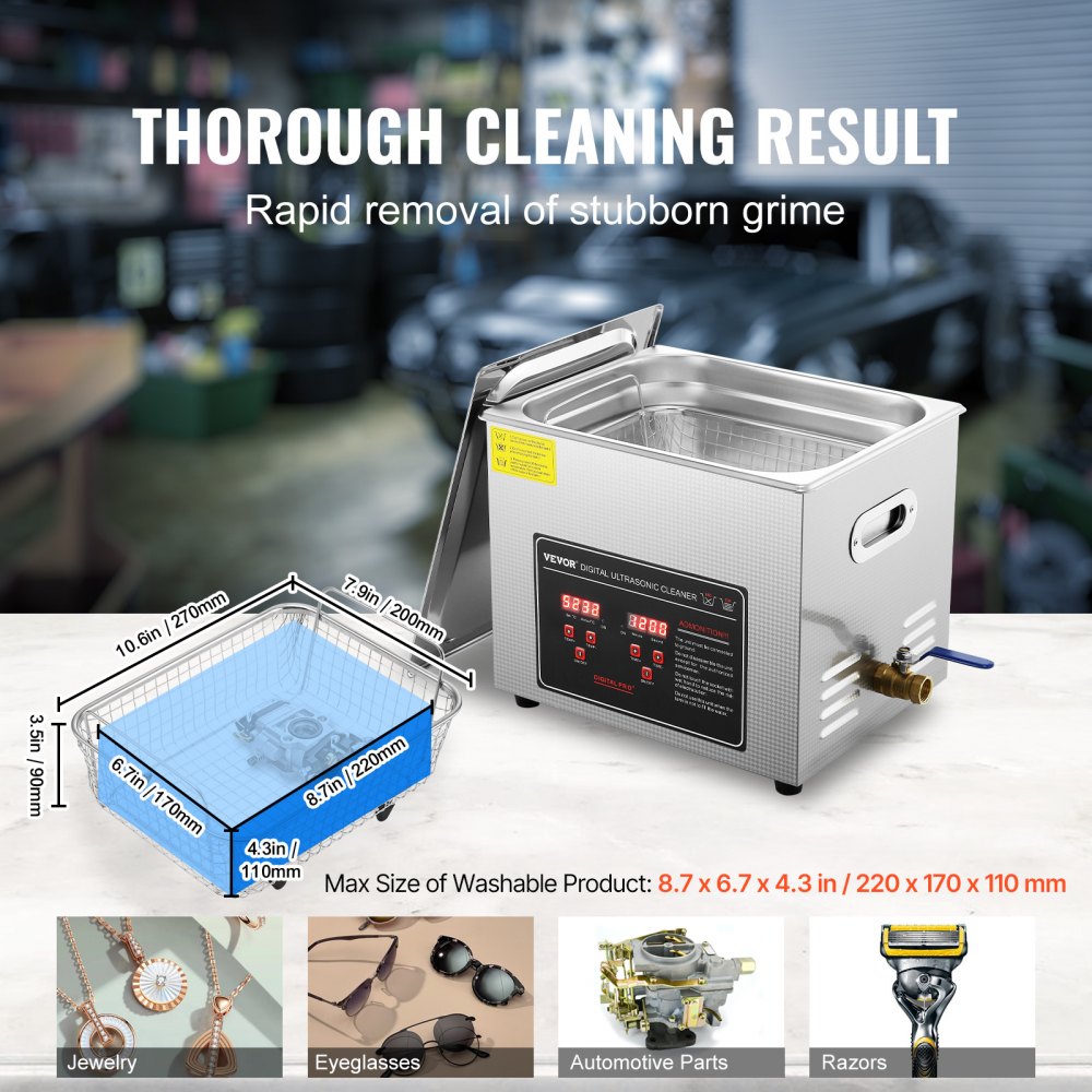 VEVOR Ultrasonic Cleaner with Digital Timer & Heater, Professional Ultra Sonic Jewelry Cleaner, Stainless Steel Heated Cleaning Machine for Glasses Watch Rings Small Parts Circuit Board (10L)