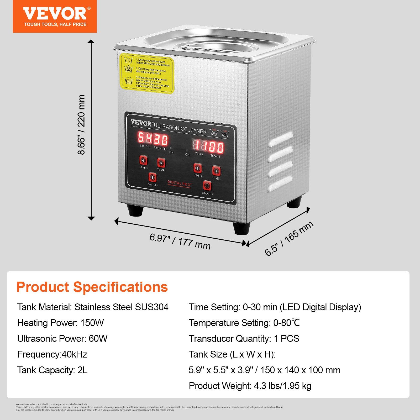 VEVOR Ultrasonic Cleaner with Digital Timer & Heater, Professional Ultra Sonic Jewelry Cleaner, Stainless Steel Heated Cleaning Machine for Glasses Watch Rings Small Parts Circuit Board (2L)