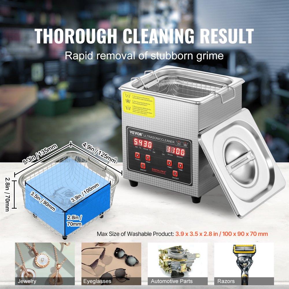 VEVOR Ultrasonic Cleaner with Digital Timer & Heater, Professional Ultra Sonic Jewelry Cleaner, Stainless Steel Heated Cleaning Machine for Glasses Watch Rings Small Parts Circuit Board (2L)