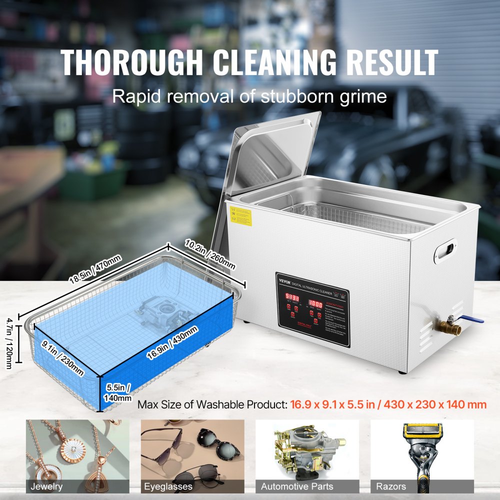 VEVOR Ultrasonic Cleaner with Digital Timer & Heater, Professional Ultra Sonic Jewelry Cleaner, Stainless Steel Heated Cleaning Machine for Glasses Watch Rings Small Parts Circuit Board (30L)