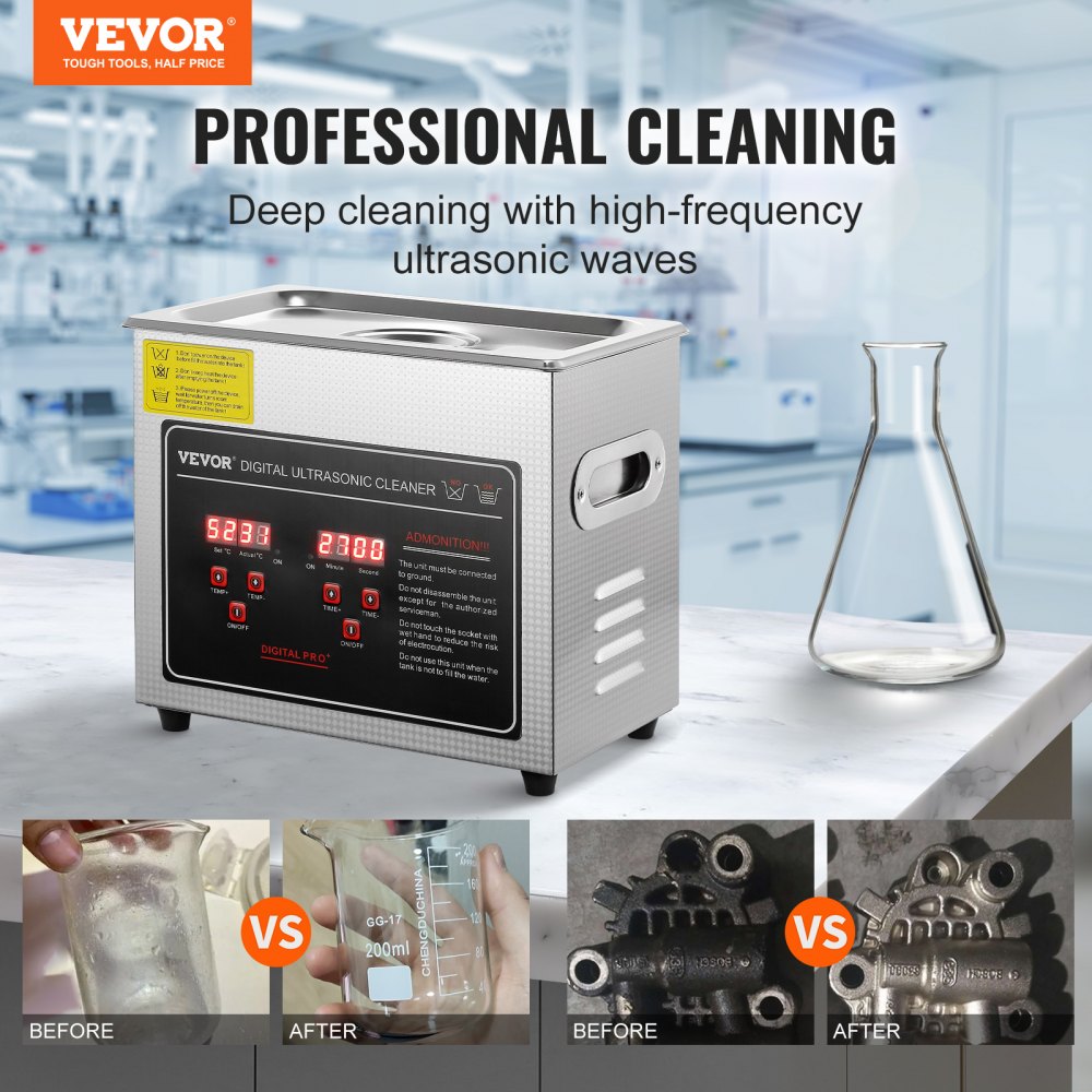 VEVORbrand Ultrasonic Cleaner, 3L 40kHz, with Digital Timer & Heater,  Professional Stainless Steel Ultrasonic Jewelry Cleaner for Glasses Watch  Rings Small Parts Circuit ,110V, FCC/CE/RoHS Certified 
