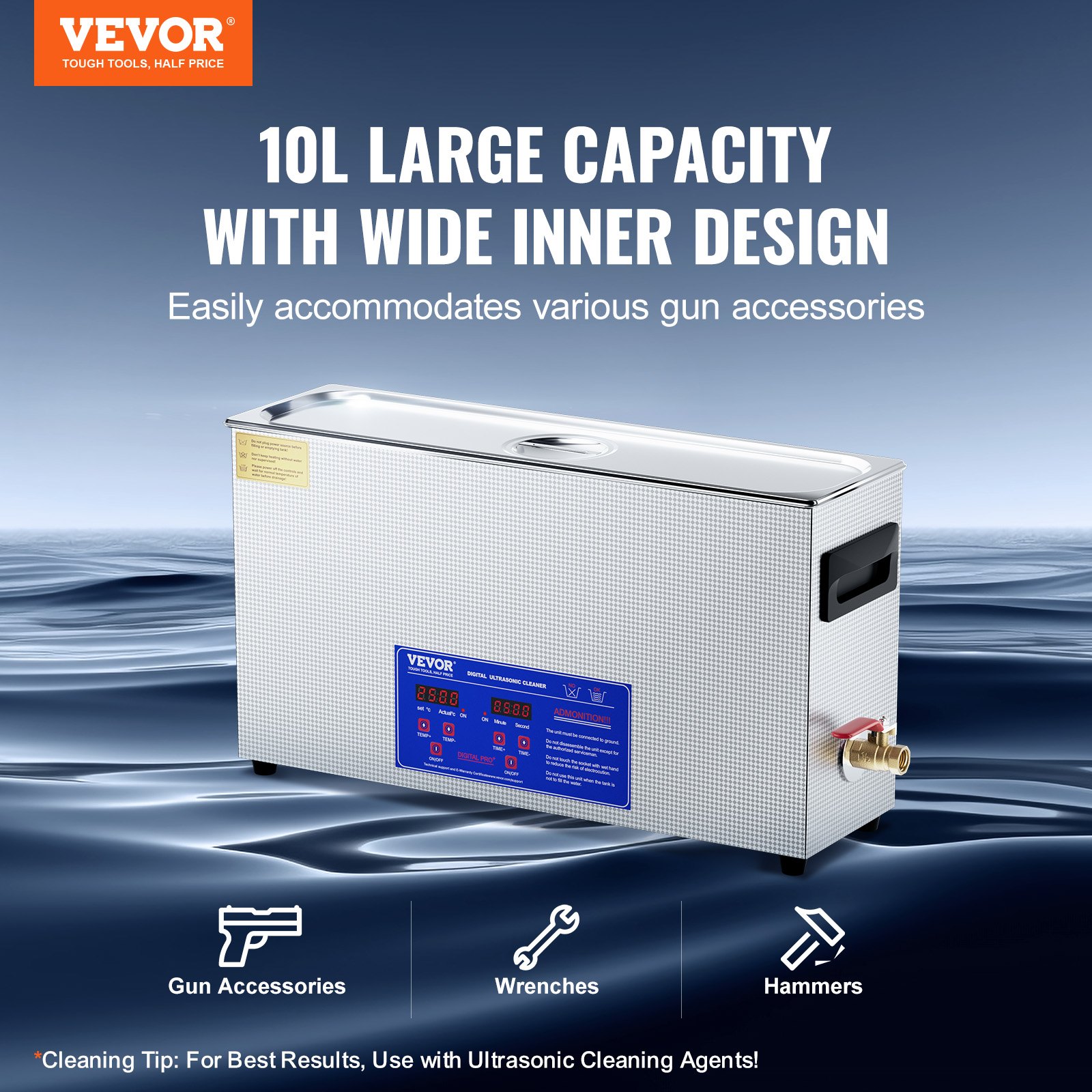 VEVOR 10L Ultrasonic Gun Cleaner, 300W Professional Ultra Sonic Cleaning Machine with Timer & Heater, 40kHz Digital Ultrasonic Cleaner with Basket for Gun Parts, Bullets, Military Supplies