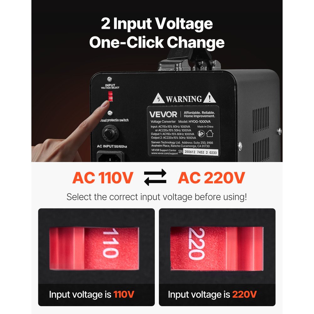 VEVOR Voltage Converter Transformer, 1000VA, Heavy Duty Step Up/Down Power Transformer, Convert from 110V to 220V and 220V to 110V, with US Outlets, EU Outlets, Power Cord, Circuit Breaker Protection