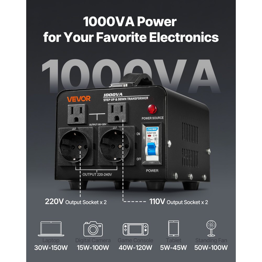 VEVOR Voltage Converter Transformer, 1000VA, Heavy Duty Step Up/Down Power Transformer, Convert from 110V to 220V and 220V to 110V, with US Outlets, EU Outlets, Power Cord, Circuit Breaker Protection