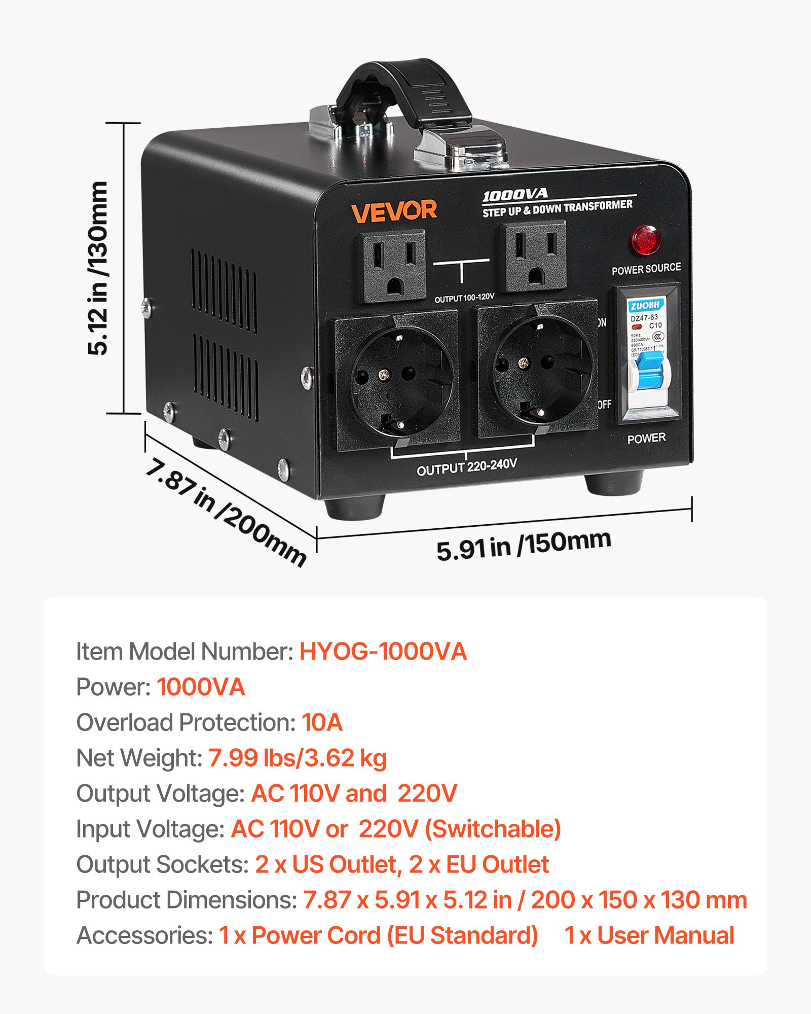 VEVOR Voltage Converter Transformer, 1000VA, Heavy Duty Step Up/Down Power Transformer, Convert from 110V to 220V and 220V to 110V, with US Outlets, EU Outlets, Power Cord, Circuit Breaker Protection