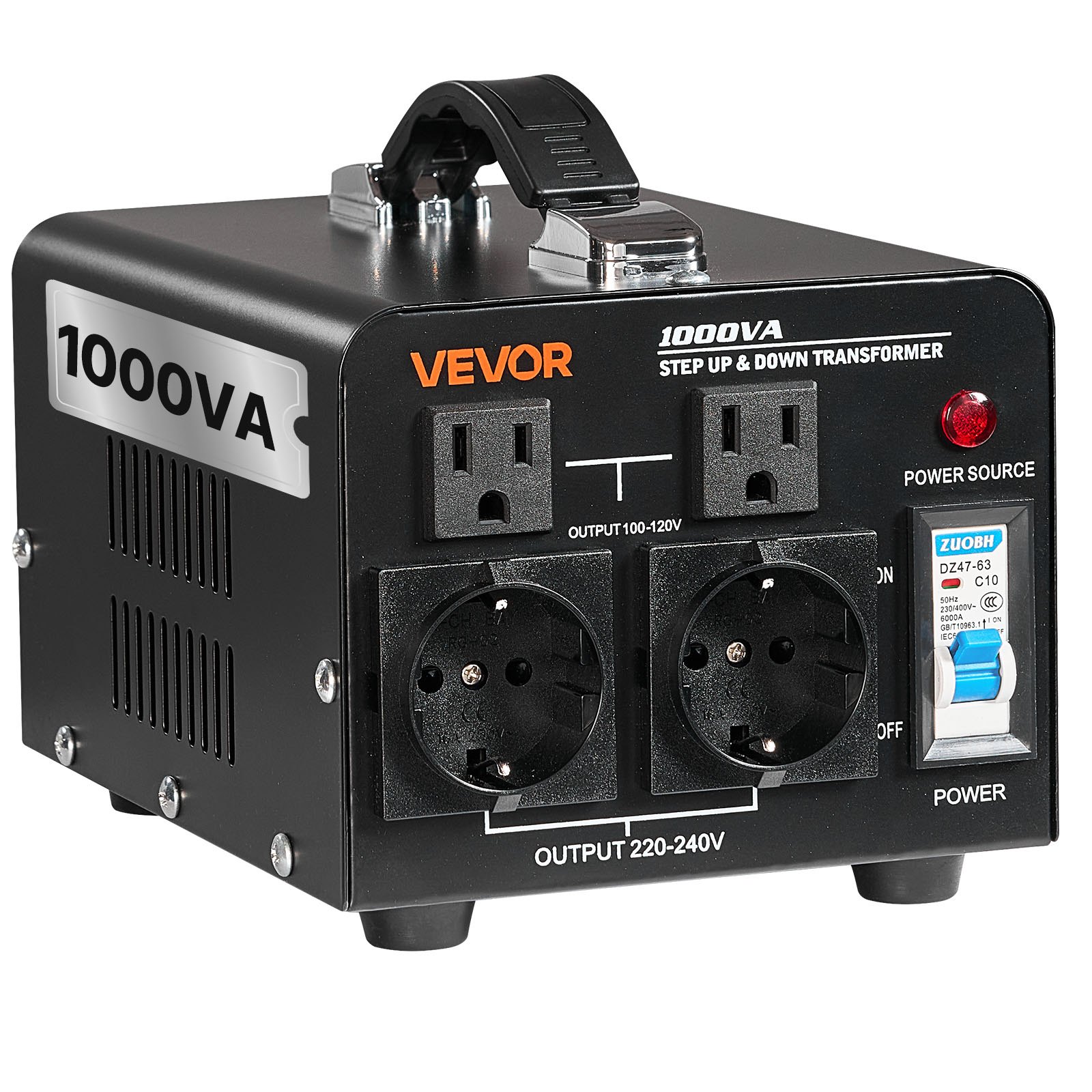 VEVOR Voltage Converter Transformer, 1000VA, Heavy Duty Step Up/Down Power Transformer, Convert from 110V to 220V and 220V to 110V, with US Outlets, EU Outlets, Power Cord, Circuit Breaker Protection