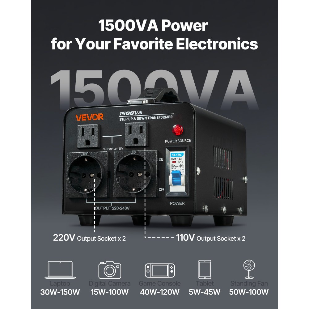 VEVOR Voltage Converter Transformer, 1500VA, Heavy Duty Step Up/Down Power Transformer, Convert from 110V to 220V and 220V to 110V, with US Outlets, EU Outlets, Power Cord, Circuit Breaker Protection