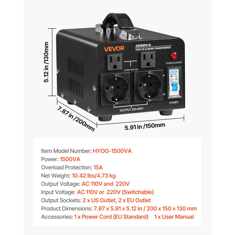 VEVOR Voltage Converter Transformer, 1500VA, Heavy Duty Step Up/Down Power Transformer, Convert from 110V to 220V and 220V to 110V, with US Outlets, EU Outlets, Power Cord, Circuit Breaker Protection