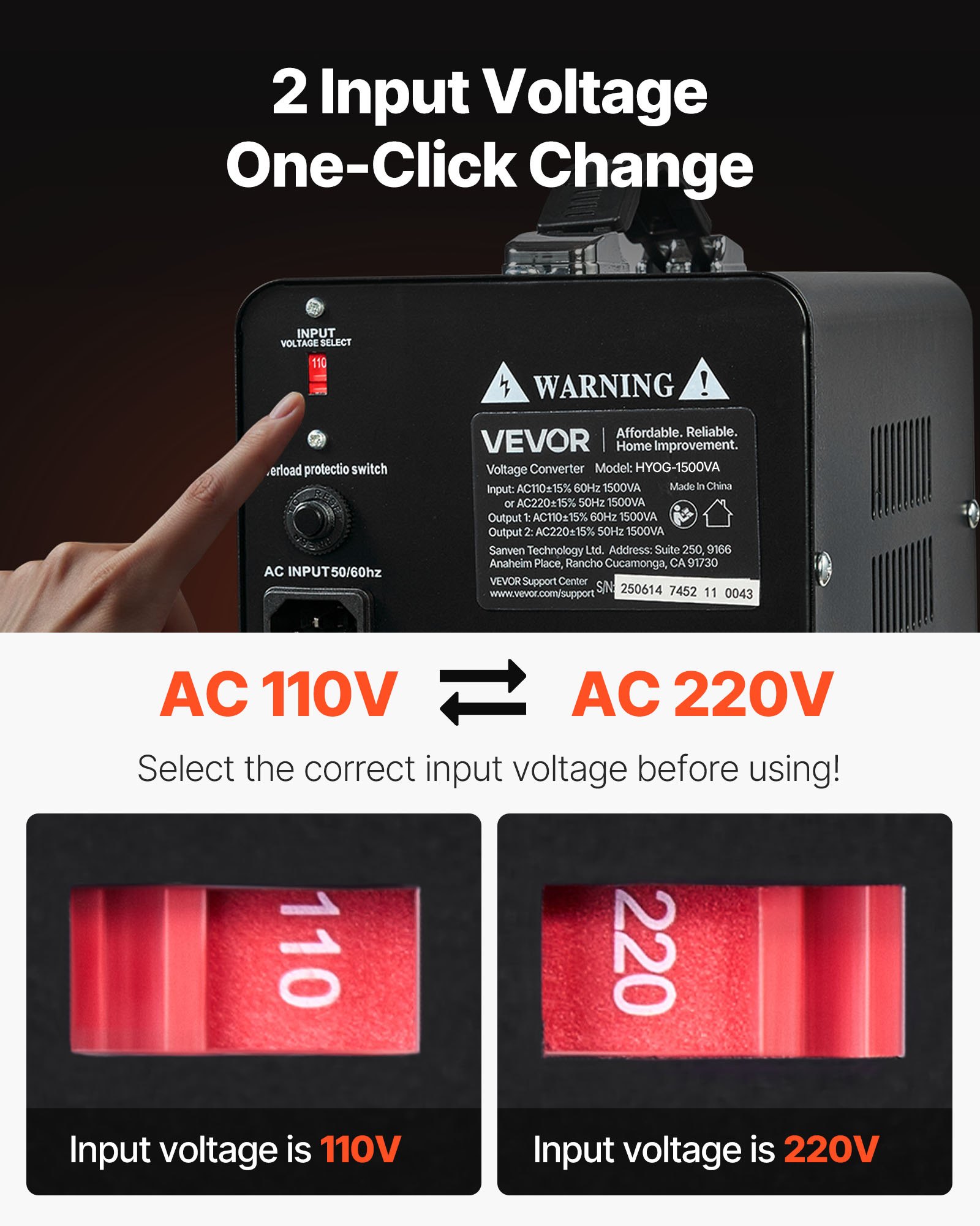 VEVOR Voltage Converter Transformer, 1500VA, Heavy Duty Step Up/Down Power Transformer, Convert from 110V to 220V and 220V to 110V, with US Outlets, EU Outlets, Power Cord, Circuit Breaker Protection