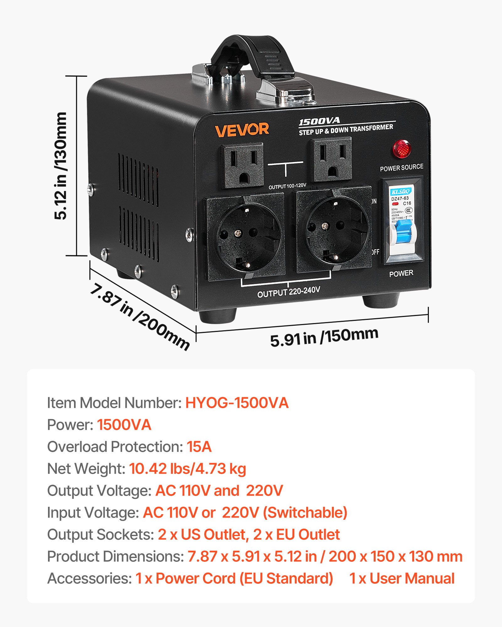 VEVOR Voltage Converter Transformer, 1500VA, Heavy Duty Step Up/Down Power Transformer, Convert from 110V to 220V and 220V to 110V, with US Outlets, EU Outlets, Power Cord, Circuit Breaker Protection