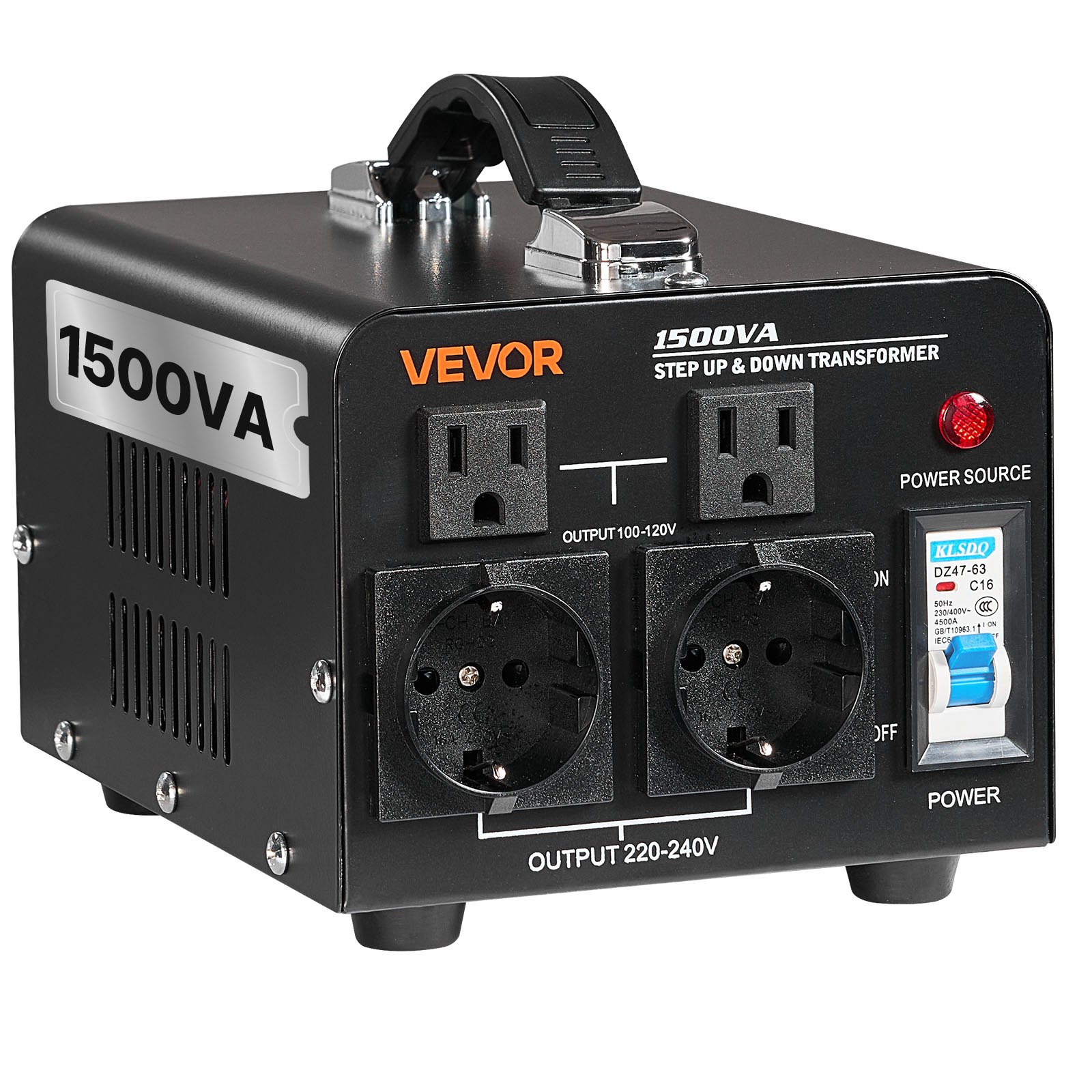 VEVOR Voltage Converter Transformer, 1500VA, Heavy Duty Step Up/Down Power Transformer, Convert from 110V to 220V and 220V to 110V, with US Outlets, EU Outlets, Power Cord, Circuit Breaker Protection