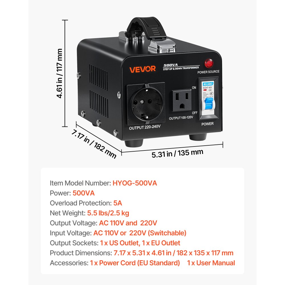 VEVOR Voltage Converter Transformer, 500VA, Heavy Duty Step Up/Down Power Transformer, Convert from 110V to 220V and 220V to 110V, with US Outlet, EU Outlet, Power Cord, Circuit Breaker Protection
