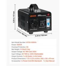 VEVOR Voltage Converter Transformer 500VA Step Up/Down 110V to 220V/220V to 110V