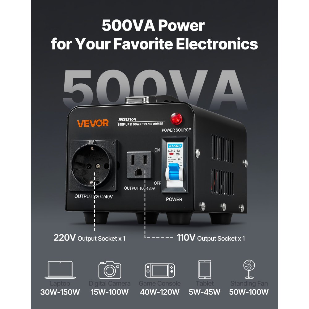 VEVOR Voltage Converter Transformer, 500VA, Heavy Duty Step Up/Down Power Transformer, Convert from 110V to 220V and 220V to 110V, with US Outlet, EU Outlet, Power Cord, Circuit Breaker Protection