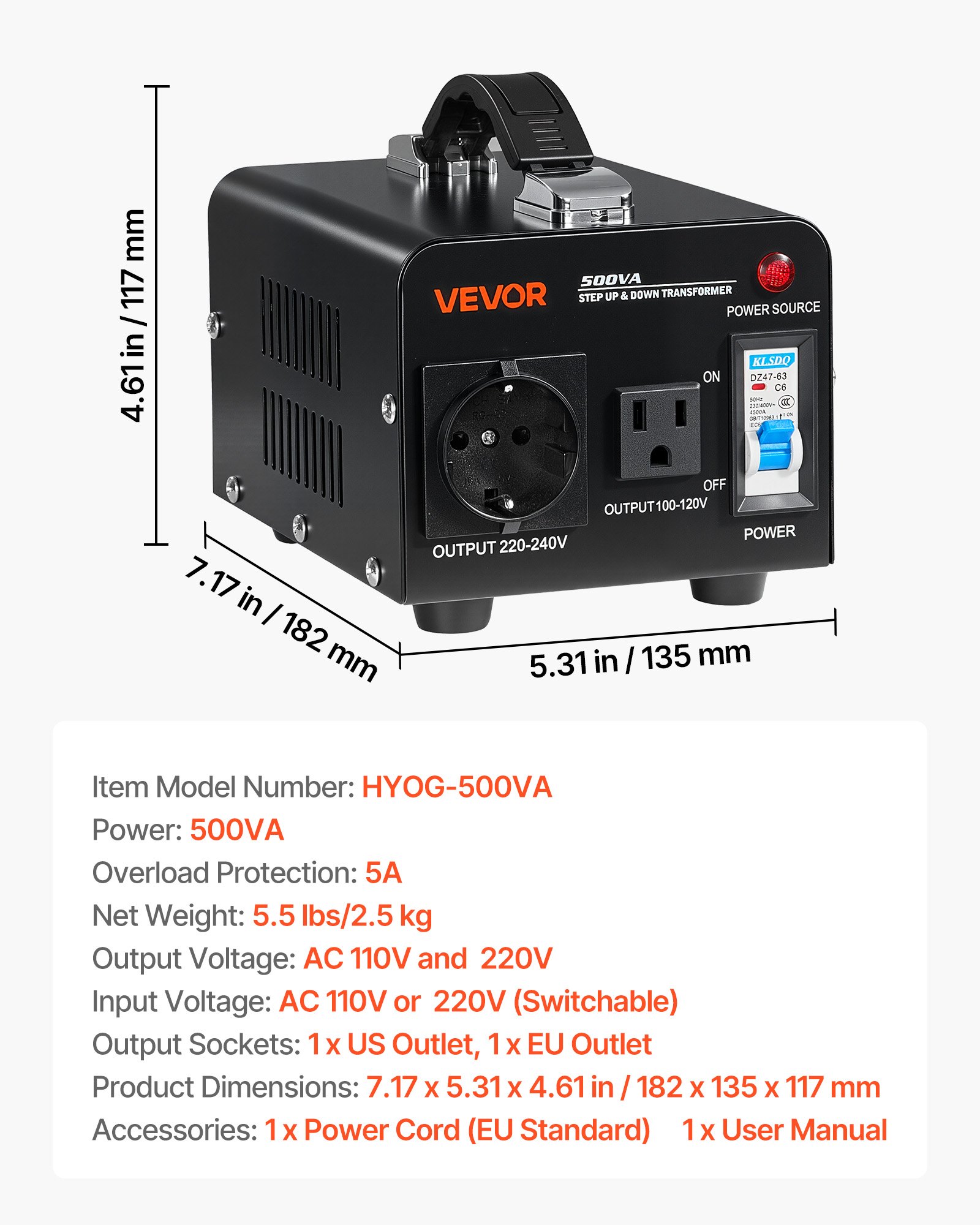 VEVOR Voltage Converter Transformer, 500VA, Heavy Duty Step Up/Down Power Transformer, Convert from 110V to 220V and 220V to 110V, with US Outlet, EU Outlet, Power Cord, Circuit Breaker Protection