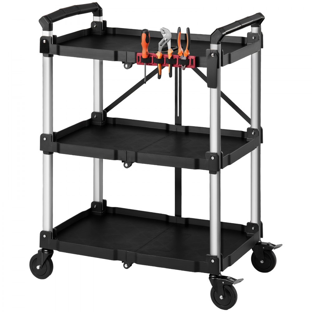VEVOR Utility Cart, 300 lbs Capacity, 3 Tier Folding Service Cart with 360° Swivel Wheels (2 with Brakes), Heavy Duty Rolling with Trays & Side Tool Holder, Tool Storage for Garage Warehouse Workshop