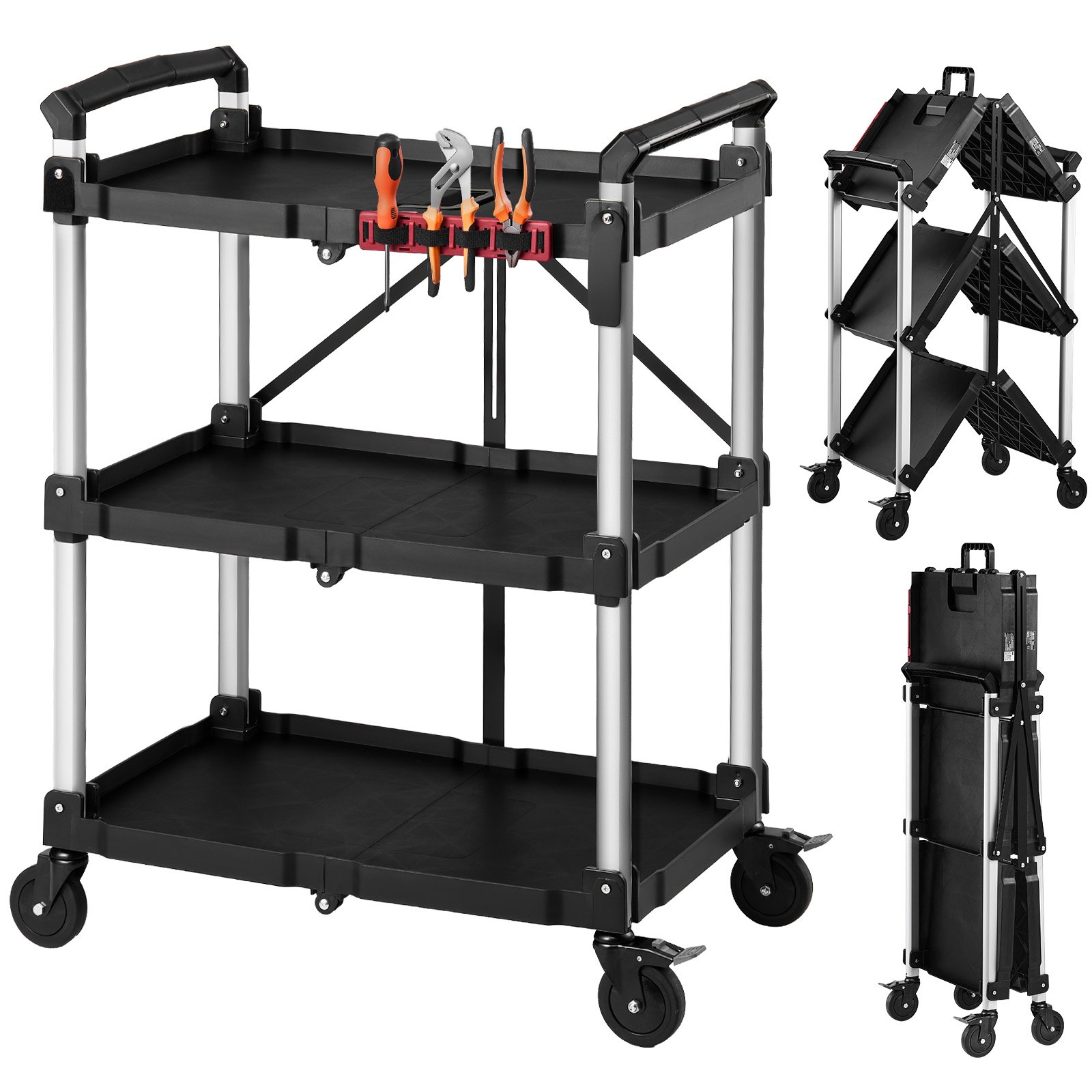 VEVOR Utility Cart, 300 lbs Capacity, 3 Tier Folding Service Cart with 360° Swivel Wheels (2 with Brakes), Heavy Duty Rolling with Trays & Side Tool Holder, Tool Storage for Garage Warehouse Workshop