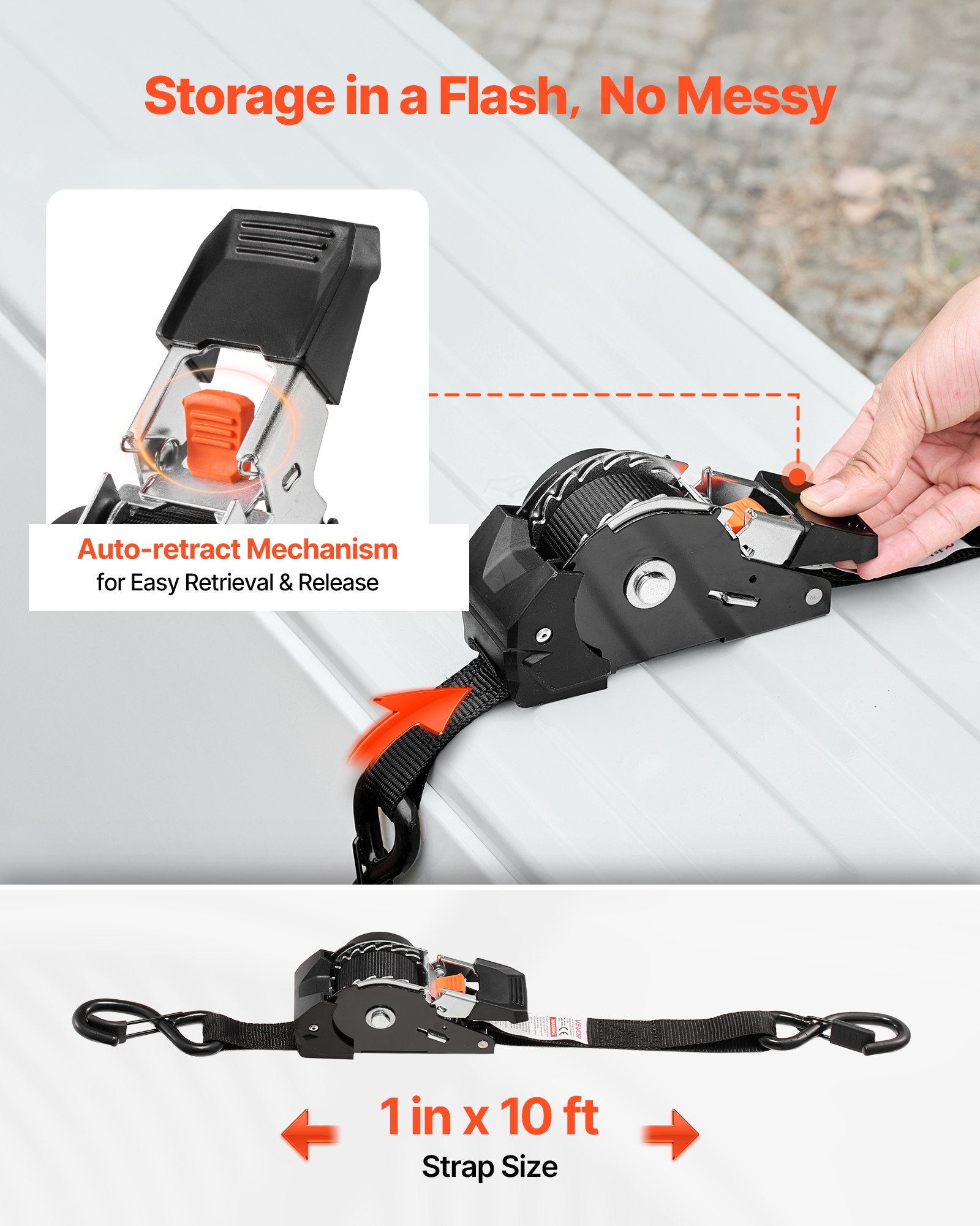 VEVOR Retractable Ratchet Straps, 25.4 mm x 3 m, Tie Down Straps with S Hooks, 544 kg Break Strength, 4 Soft Loops, Tie Down Ratcheting for Moving, Trailers, Motorcycles, Kayaks, Car Roof, 4 Pack
