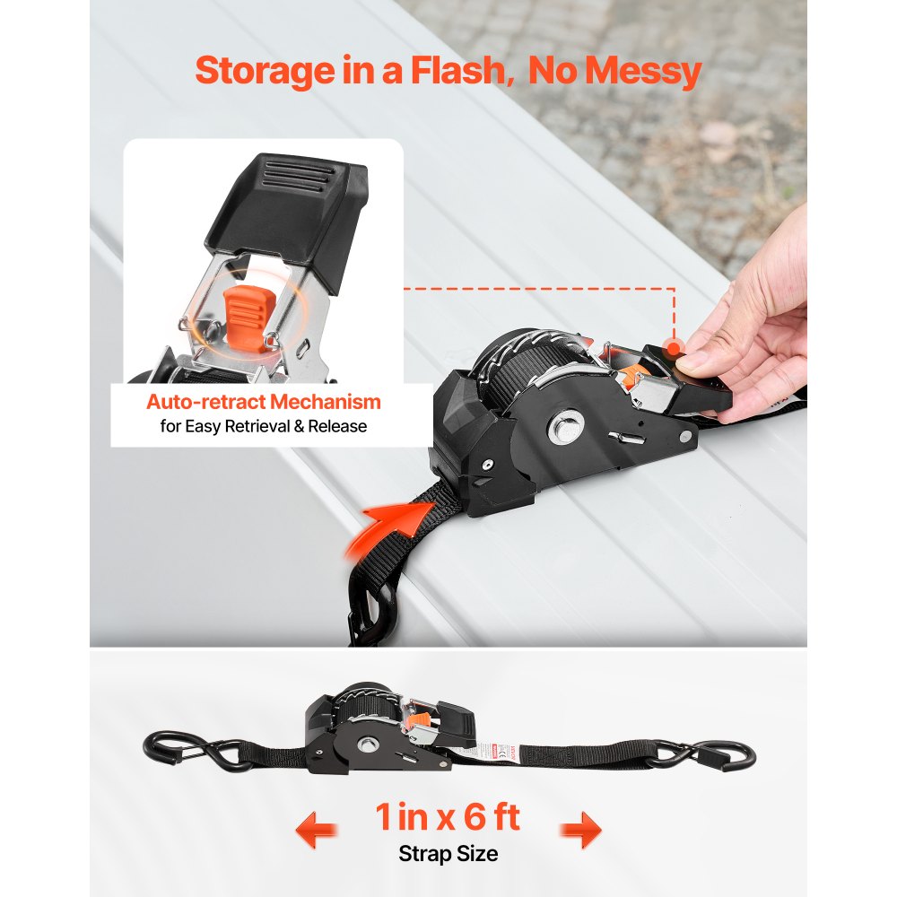VEVOR Retractable Ratchet Straps, 25.4 mm x 1.8 m, Tie Down Straps with S Hooks, 544 kg Break Strength, 4 Soft Loops, Tie Down Ratcheting for Moving, Trailers, Motorcycles, Kayaks, Car Roof, 4 Pack