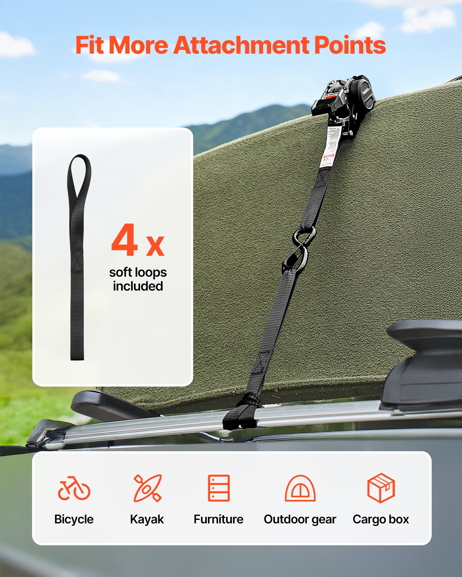 VEVOR Retractable Ratchet Straps, 25.4 mm x 1.8 m, Tie Down Straps with S Hooks, 544 kg Break Strength, 4 Soft Loops, Tie Down Ratcheting for Moving, Trailers, Motorcycles, Kayaks, Car Roof, 4 Pack