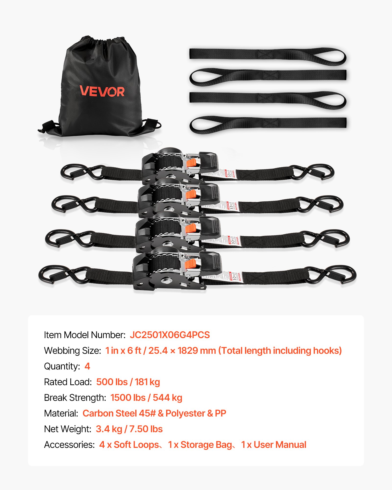 VEVOR Retractable Ratchet Straps, 25.4 mm x 1.8 m, Tie Down Straps with S Hooks, 544 kg Break Strength, 4 Soft Loops, Tie Down Ratcheting for Moving, Trailers, Motorcycles, Kayaks, Car Roof, 4 Pack