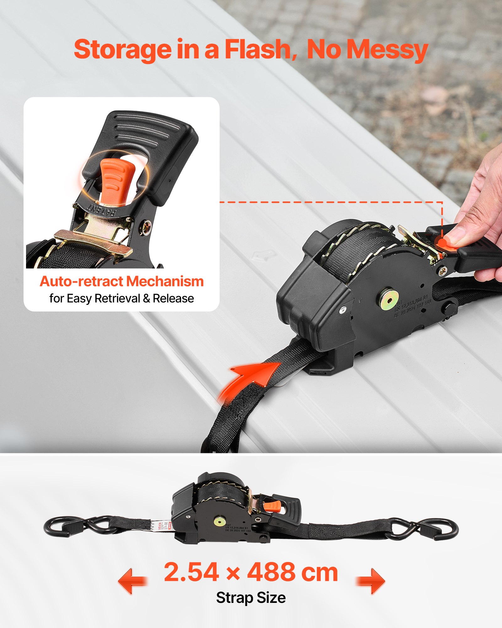VEVOR Retractable Ratchet Straps, 25.4 mm x 4.9 m, Tie Down Straps with S Hooks, 700 kg Break Strength, Carry Bag, Tie Down Ratcheting for Moving, Trailers, Motorcycles, Kayaks, Car Roof, 4 Pack