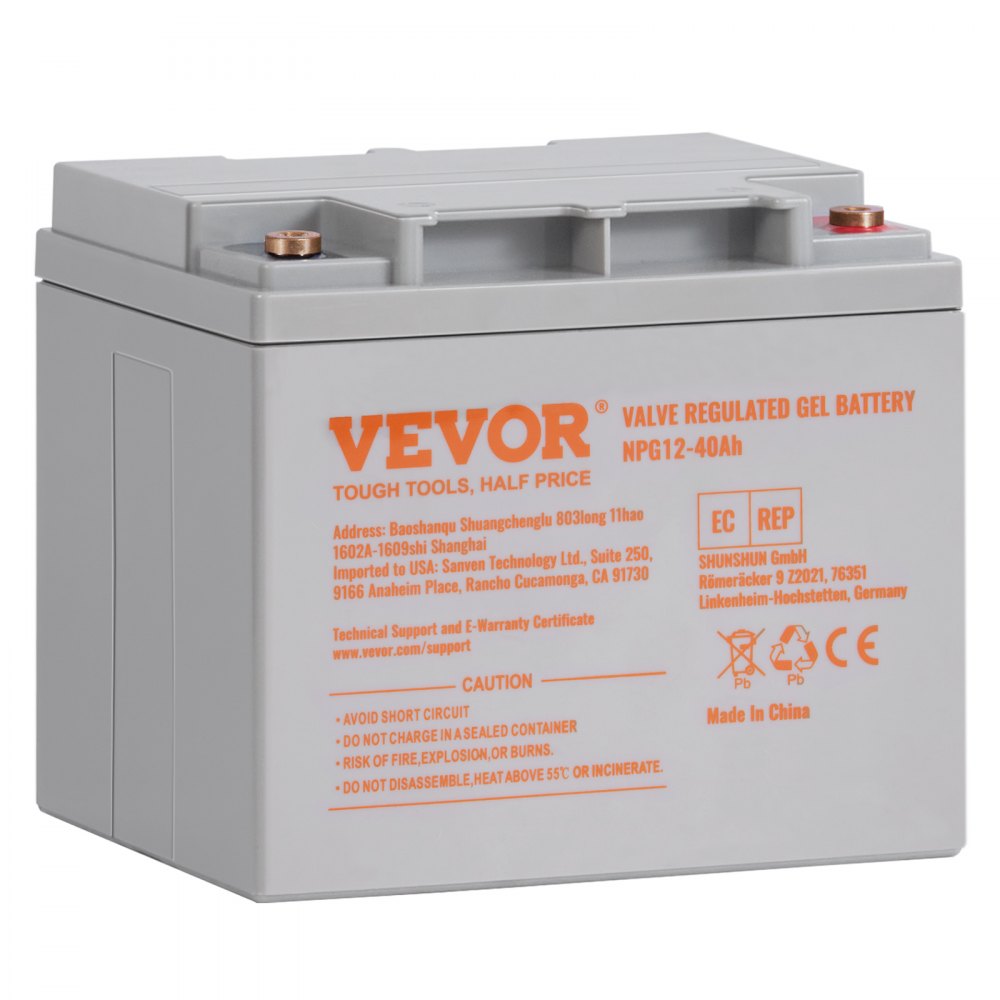 VEVOR deep cycle battery, valve regulated gel battery, npg12-40ah, with caution and technical details.