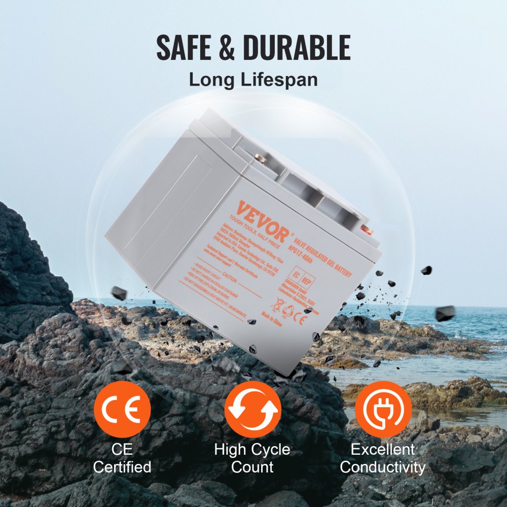 VEVOR Rechargeable AGM Marine Battery, 12V 40AH, with 400A Discharge Current, Ideal for Mobility Scooters, Electric Wheelchairs, Go-Karts, and e-Bikes