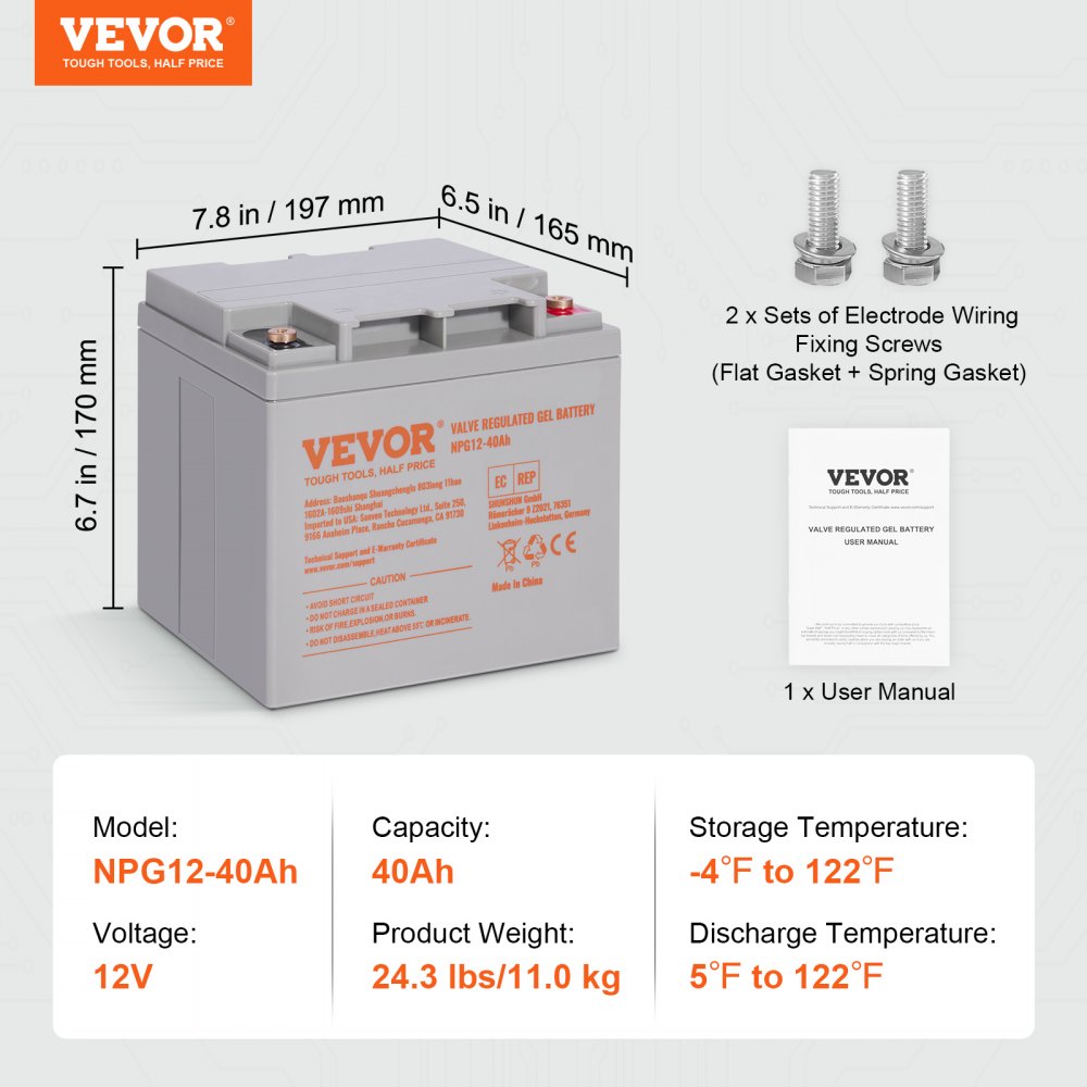 VEVOR Rechargeable AGM Marine Battery, 12V 40AH, with 400A Discharge Current, Ideal for Mobility Scooters, Electric Wheelchairs, Go-Karts, and e-Bikes