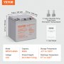 VEVOR deep cycle battery with dimensions, specifications, and included components (screws and user manual).