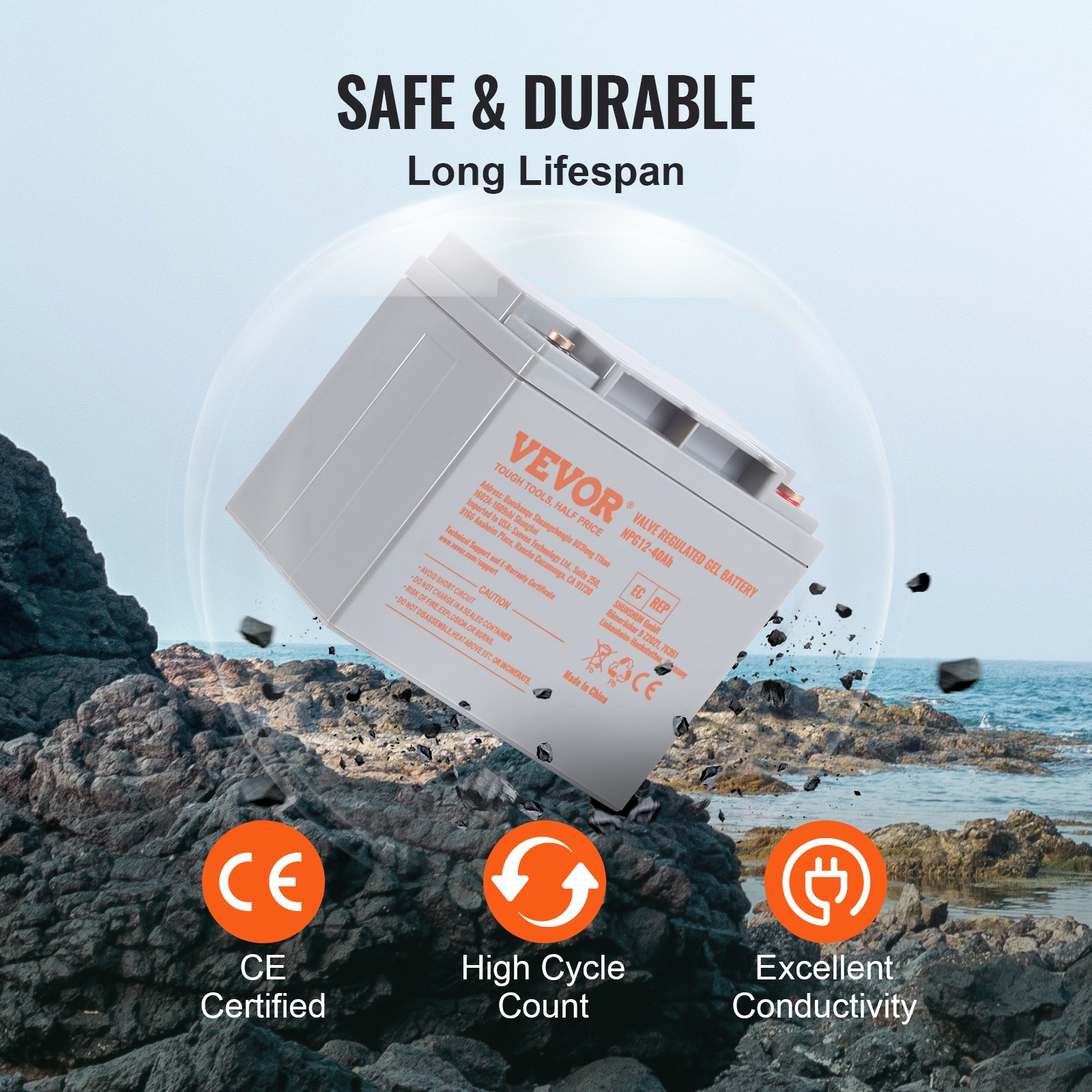 VEVOR Rechargeable AGM Marine Battery, 12V 40AH, with 400A Discharge Current, Ideal for Mobility Scooters, Electric Wheelchairs, Go-Karts, and e-Bikes