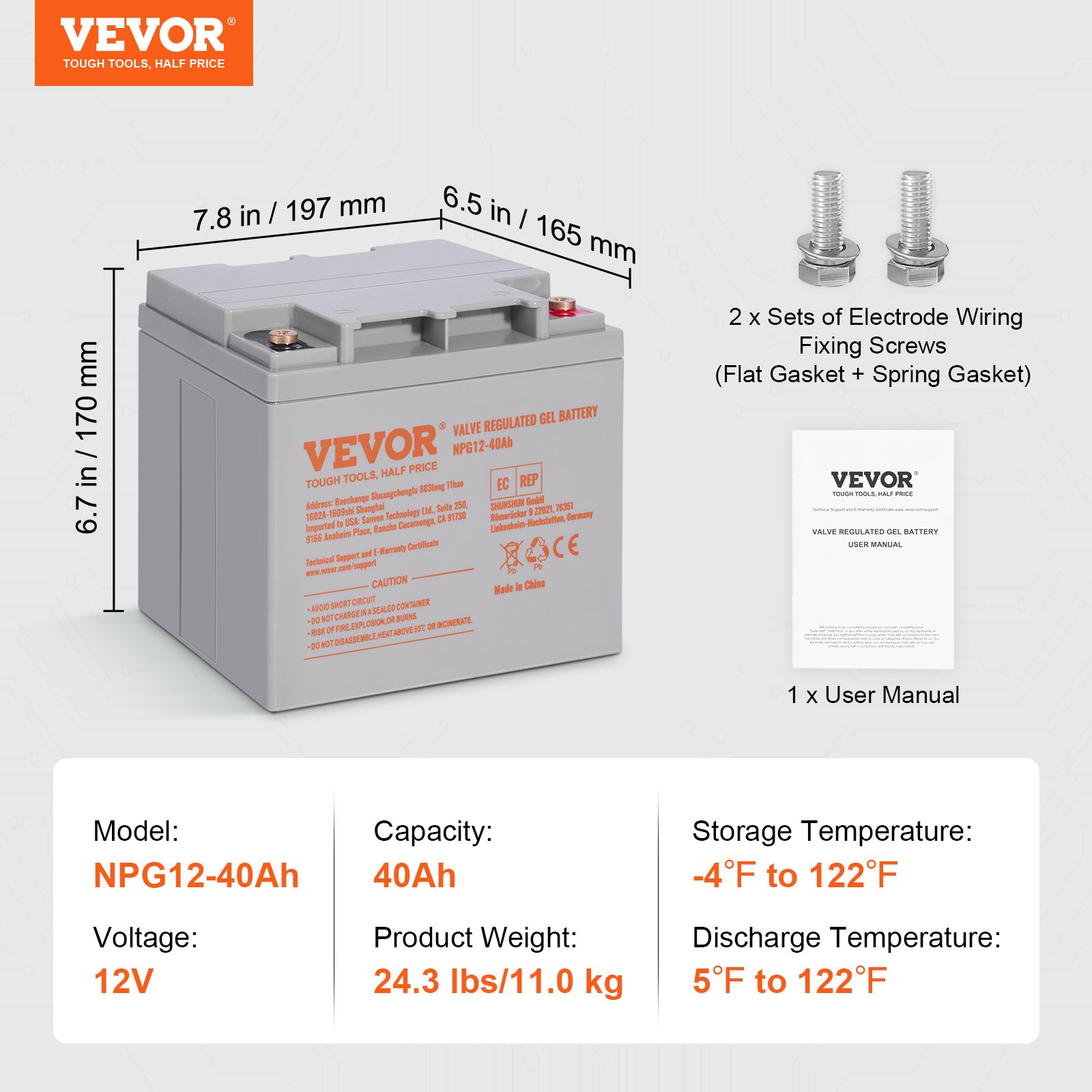 VEVOR Rechargeable AGM Marine Battery, 12V 40AH, with 400A Discharge Current, Ideal for Mobility Scooters, Electric Wheelchairs, Go-Karts, and e-Bikes