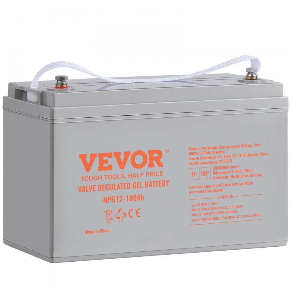 Batterie à décharge profonde VEVOR npg12-100ah, boîtier gris, poignées blanches, texte d'étiquette orange et consignes de sécurité.